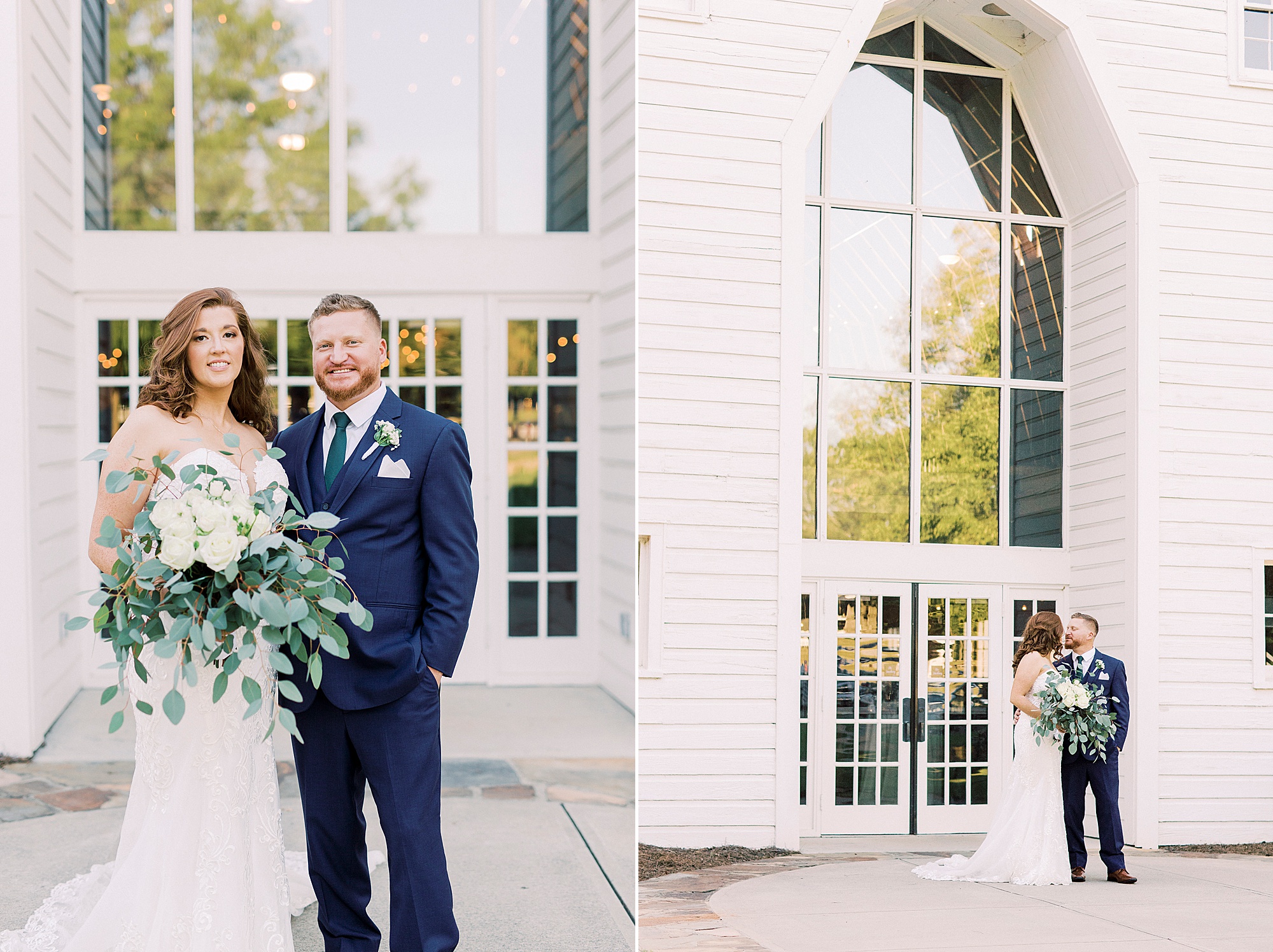 bride and groom hug outside white barn at The Dairy Barn