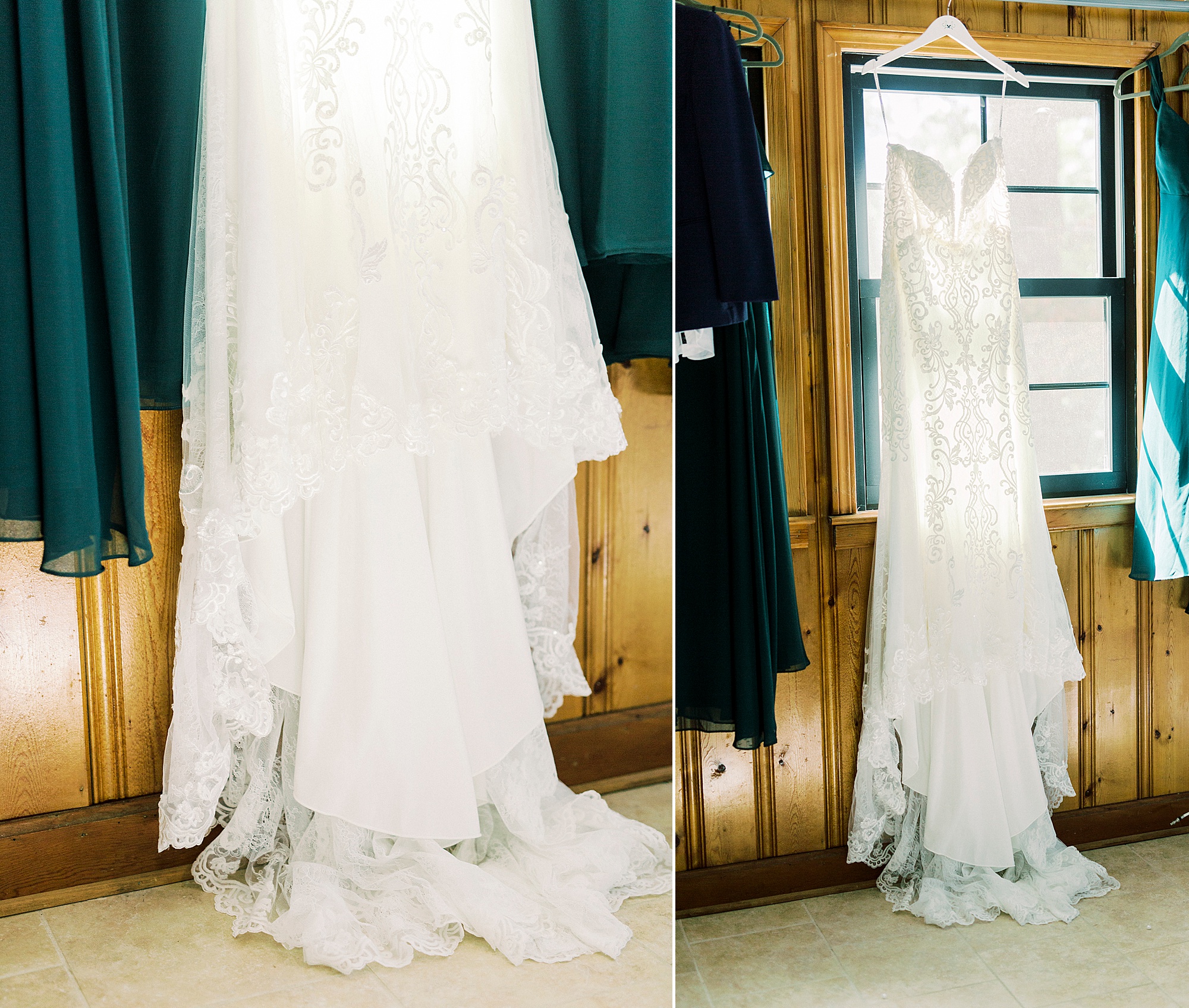 bridesmaid dresses hang at The Dairy Barn