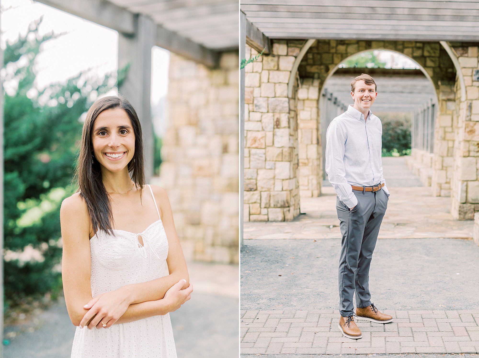 bride and groom stand under stone archway in Midtown Park