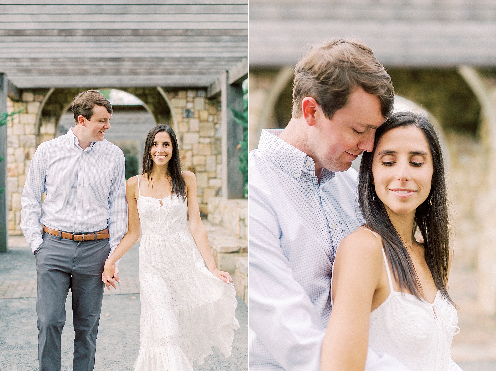 bride and groom walk under stone arbor at Midtown Park