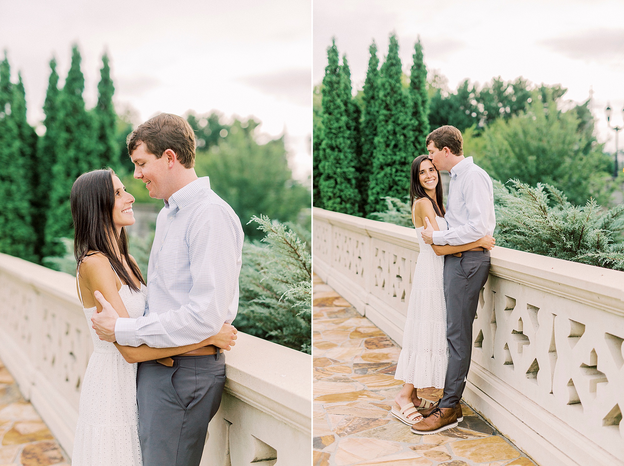 couple leans against stone bridge in Midtown Park