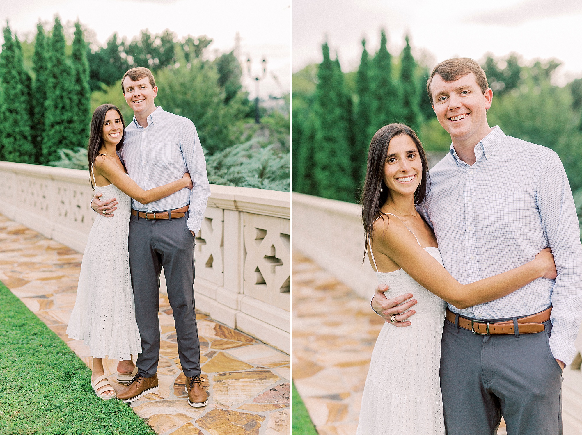 engaged couple stands on stone bridge in Midtown Park