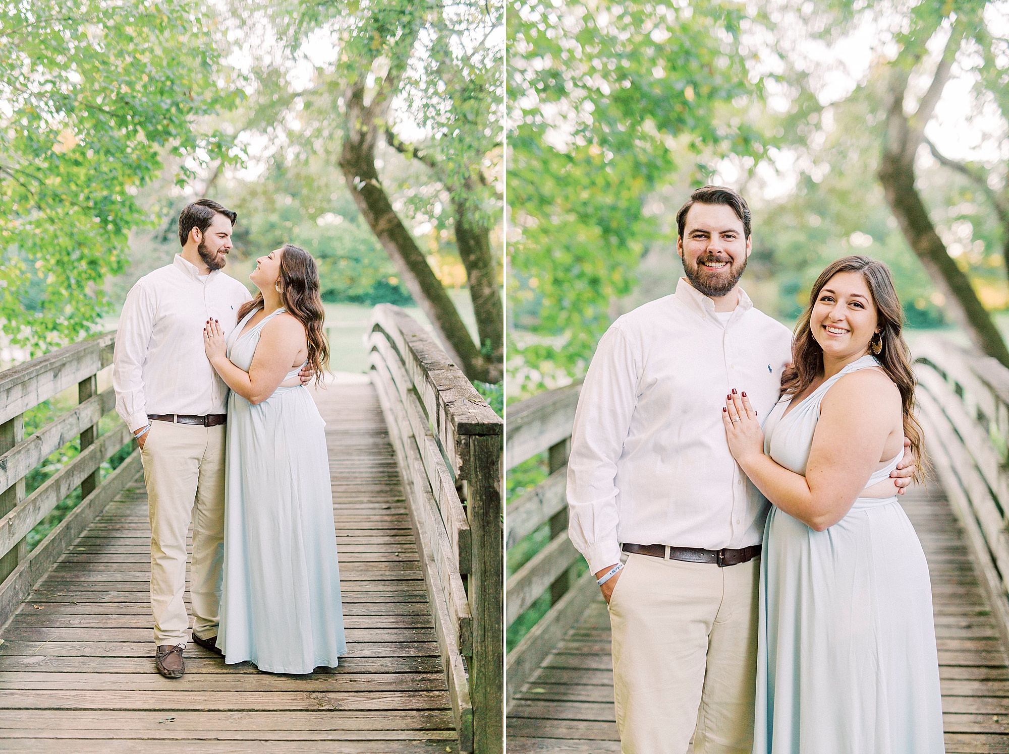 couple poses together on wooden bridge during Sloan Park engagement session