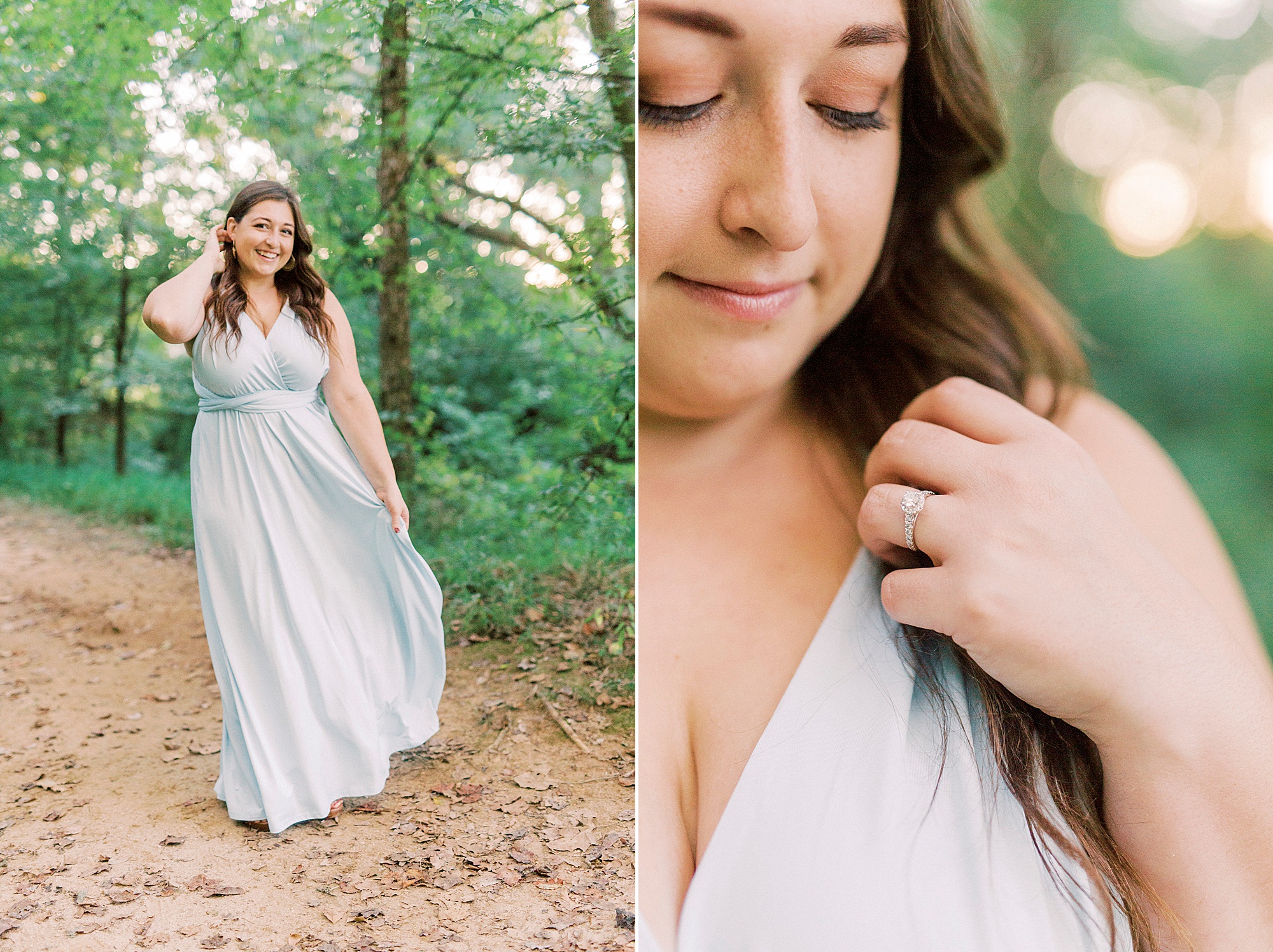 woman poses in blue dress in Salisbury NC park