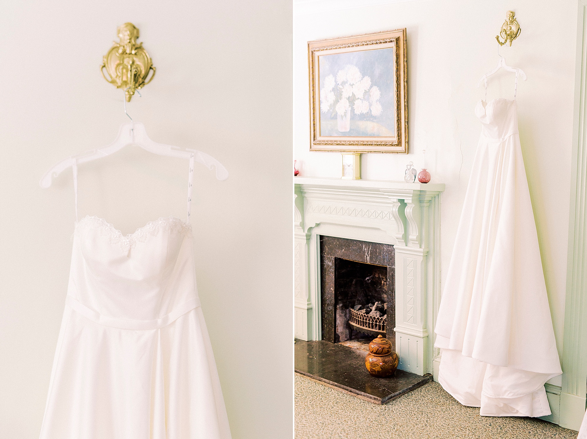 bride's wedding gown hangs in suite at 1812 Hitching Post