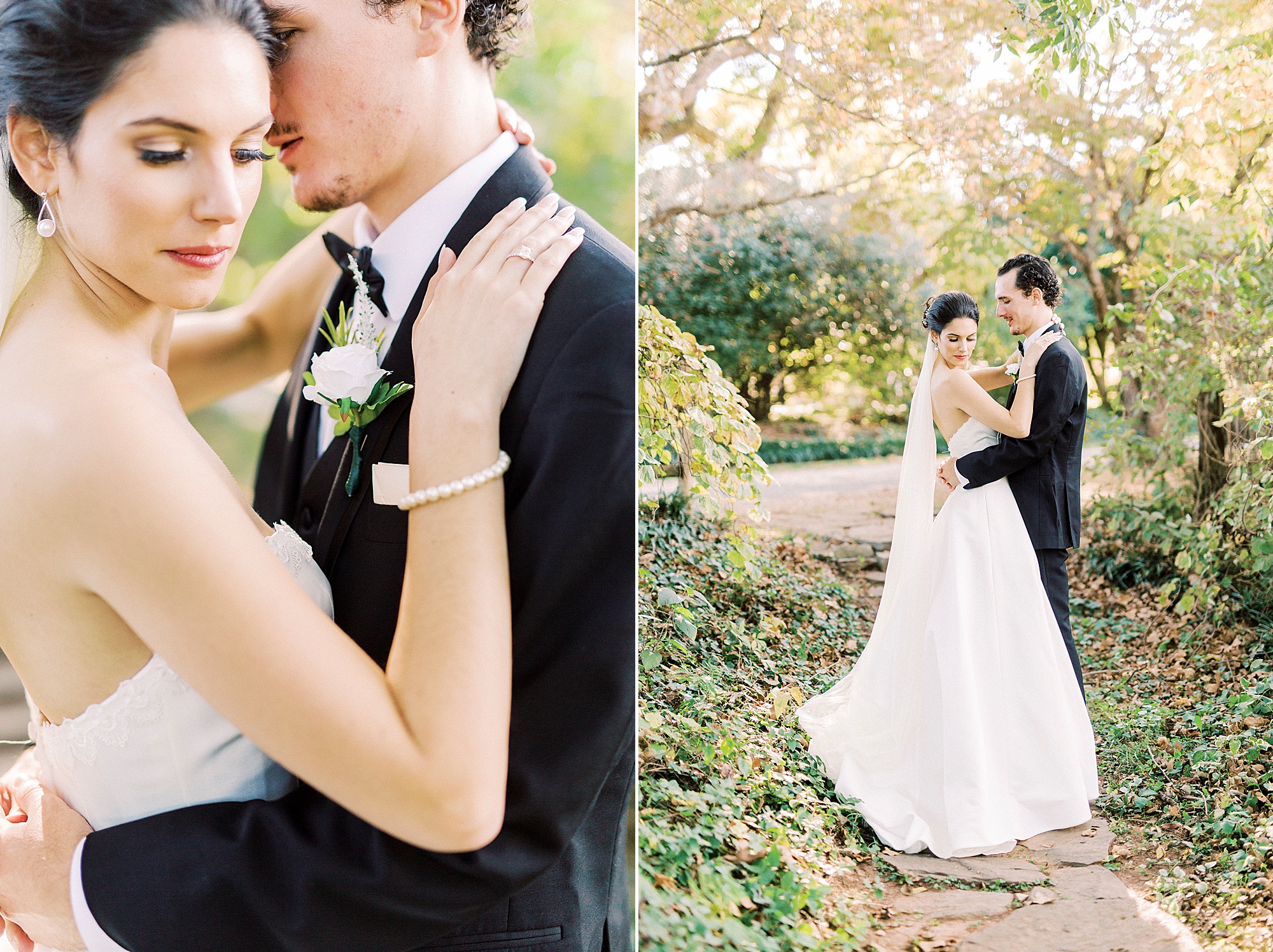 newlyweds hug in the gardens during NC wedding portraits