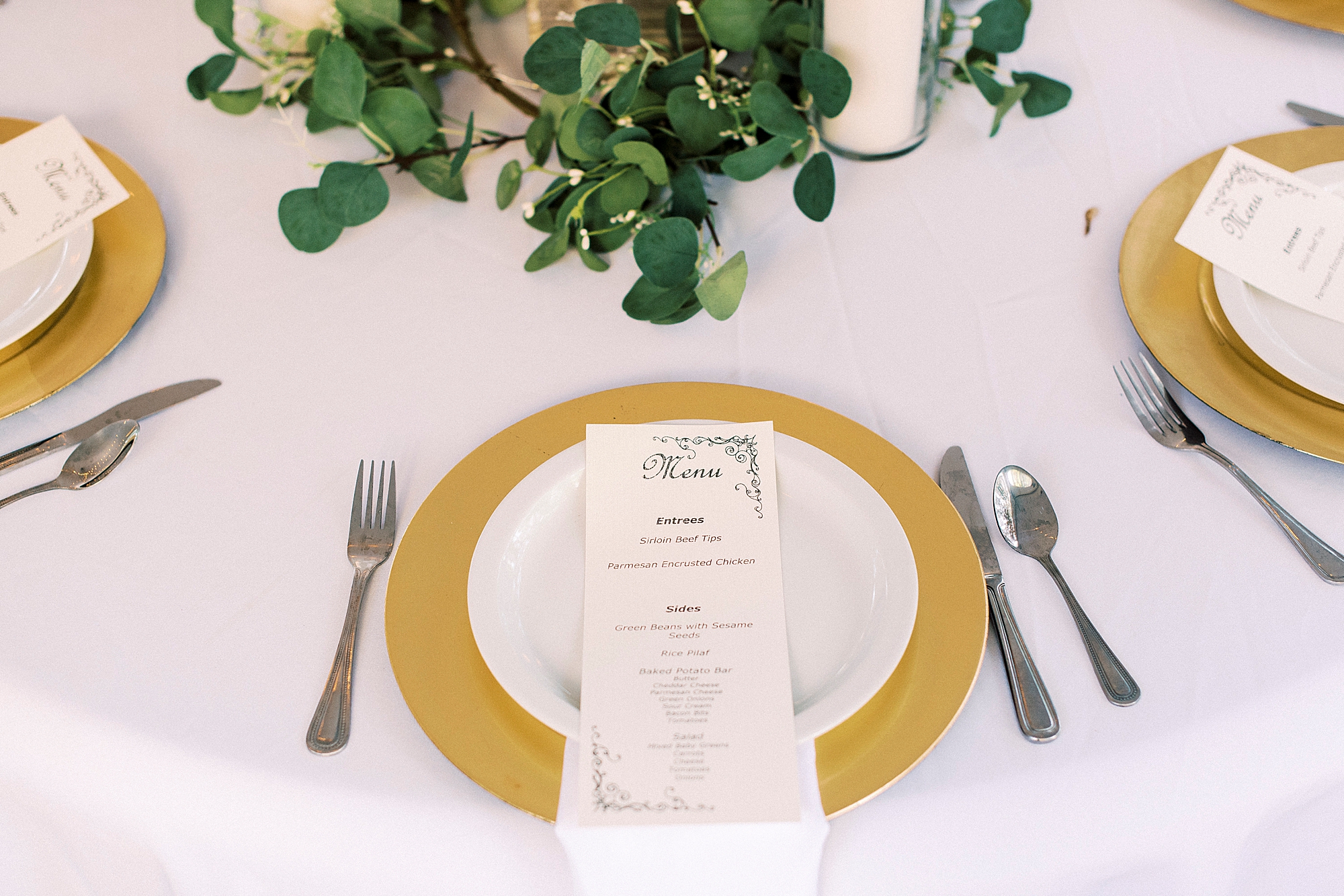 gold and ivory place settings for NC wedding reception