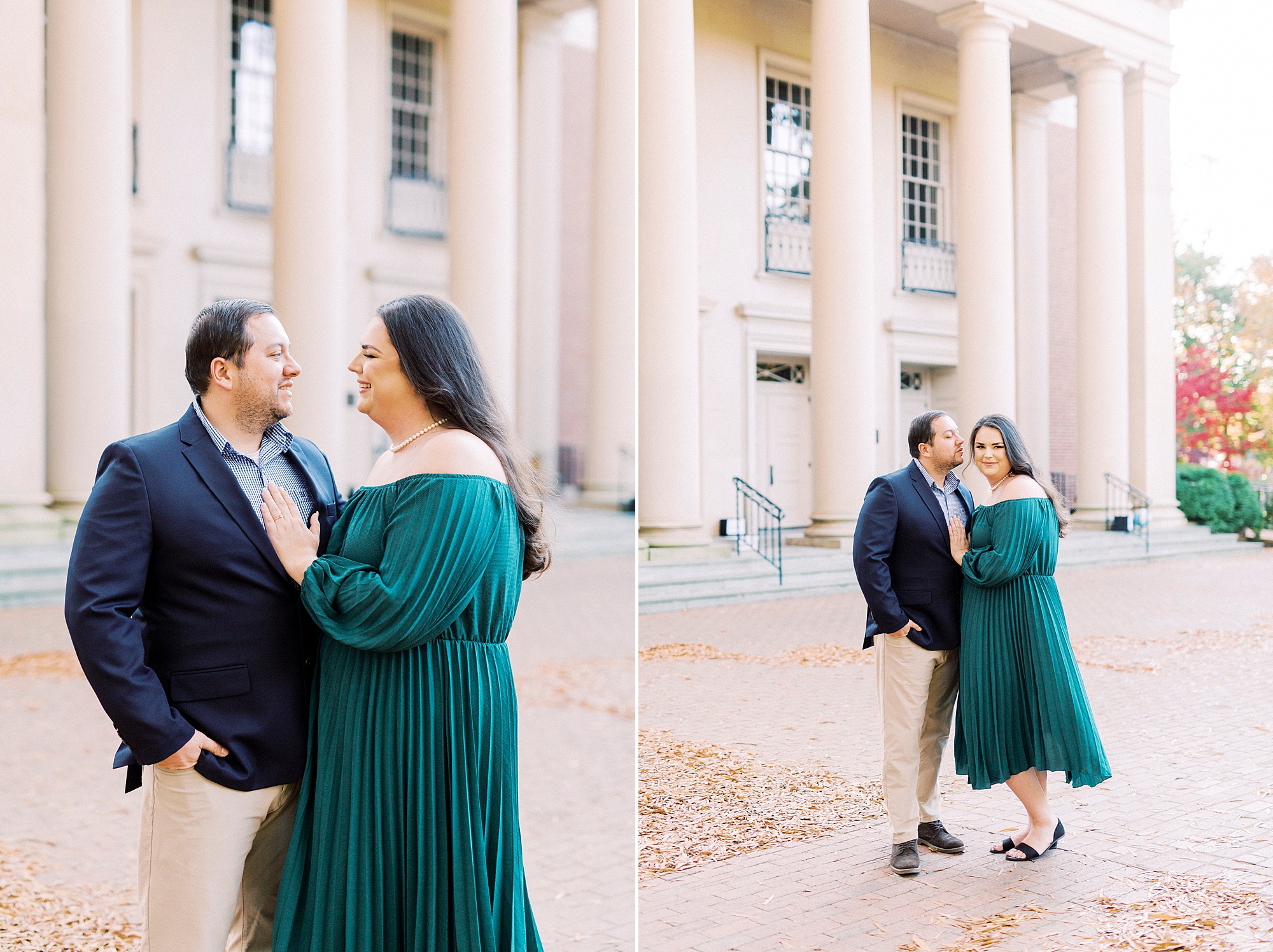 engaged couple hugs outside courthouse in Downtown Davidson