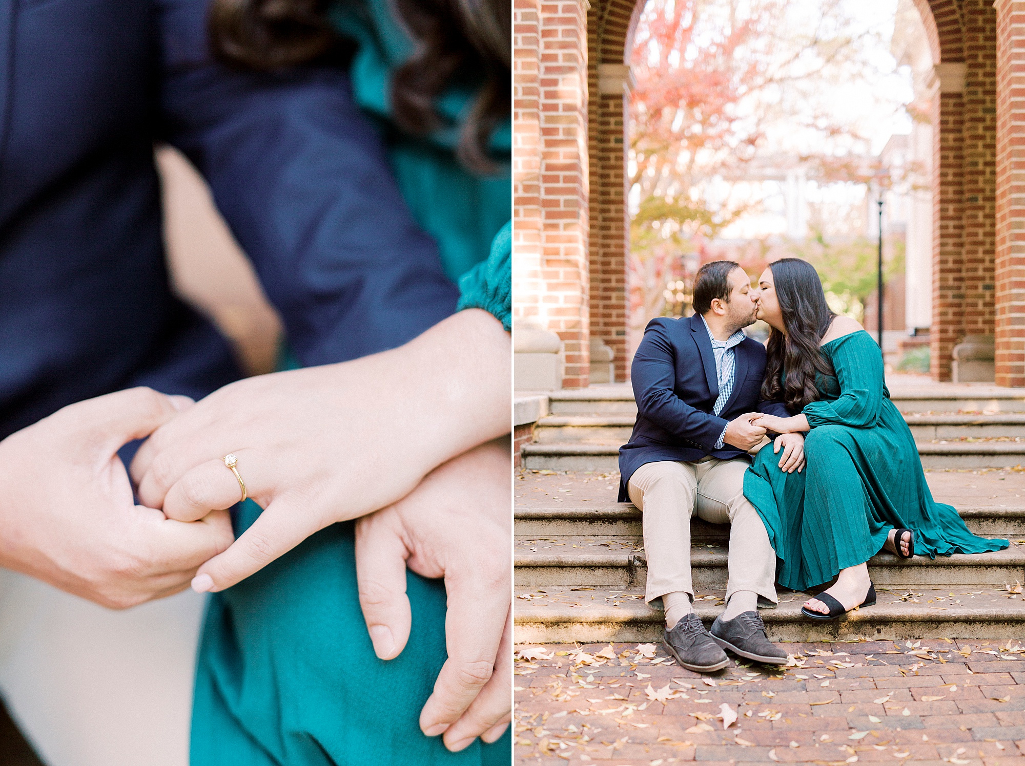engaged couple sits on steps in Downtown Davidson