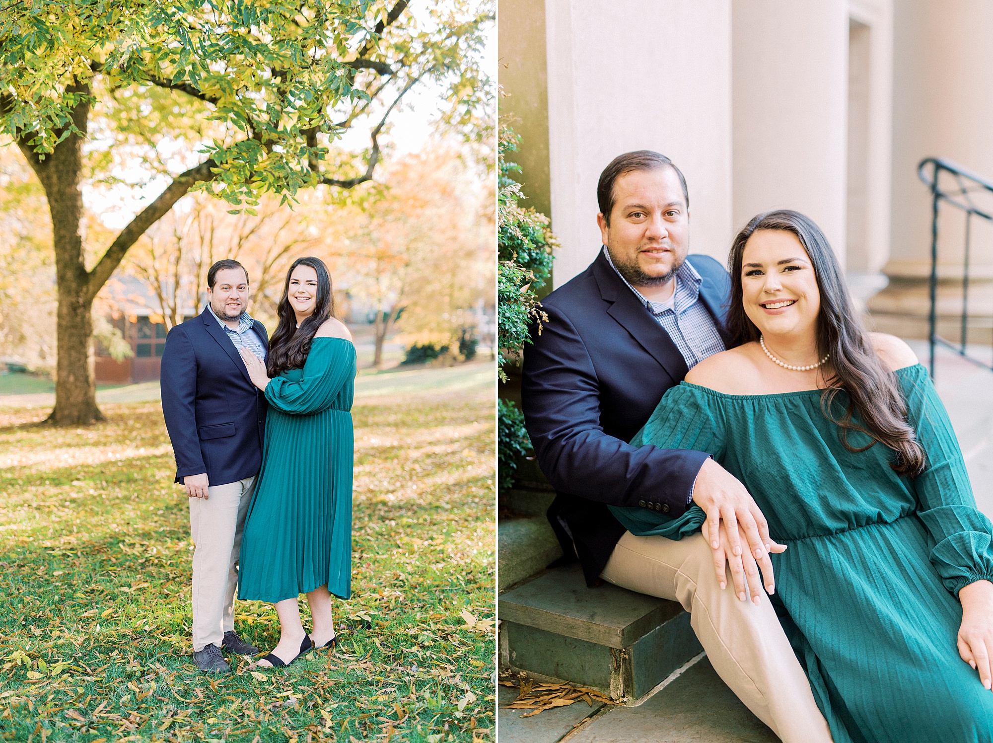 engaged couple sits on steps of building in Downtown Davidson