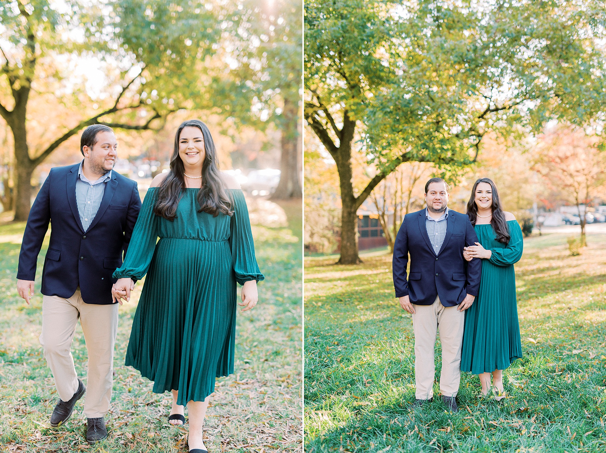 engaged couple walks through park during Downtown Davidson engagement session