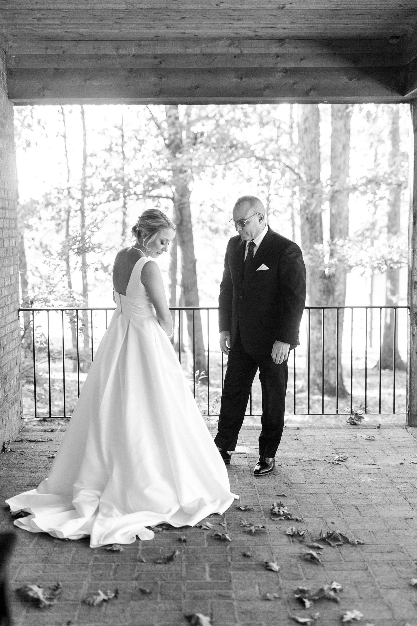 father and bride have first look before Farm at Brusharbor wedding