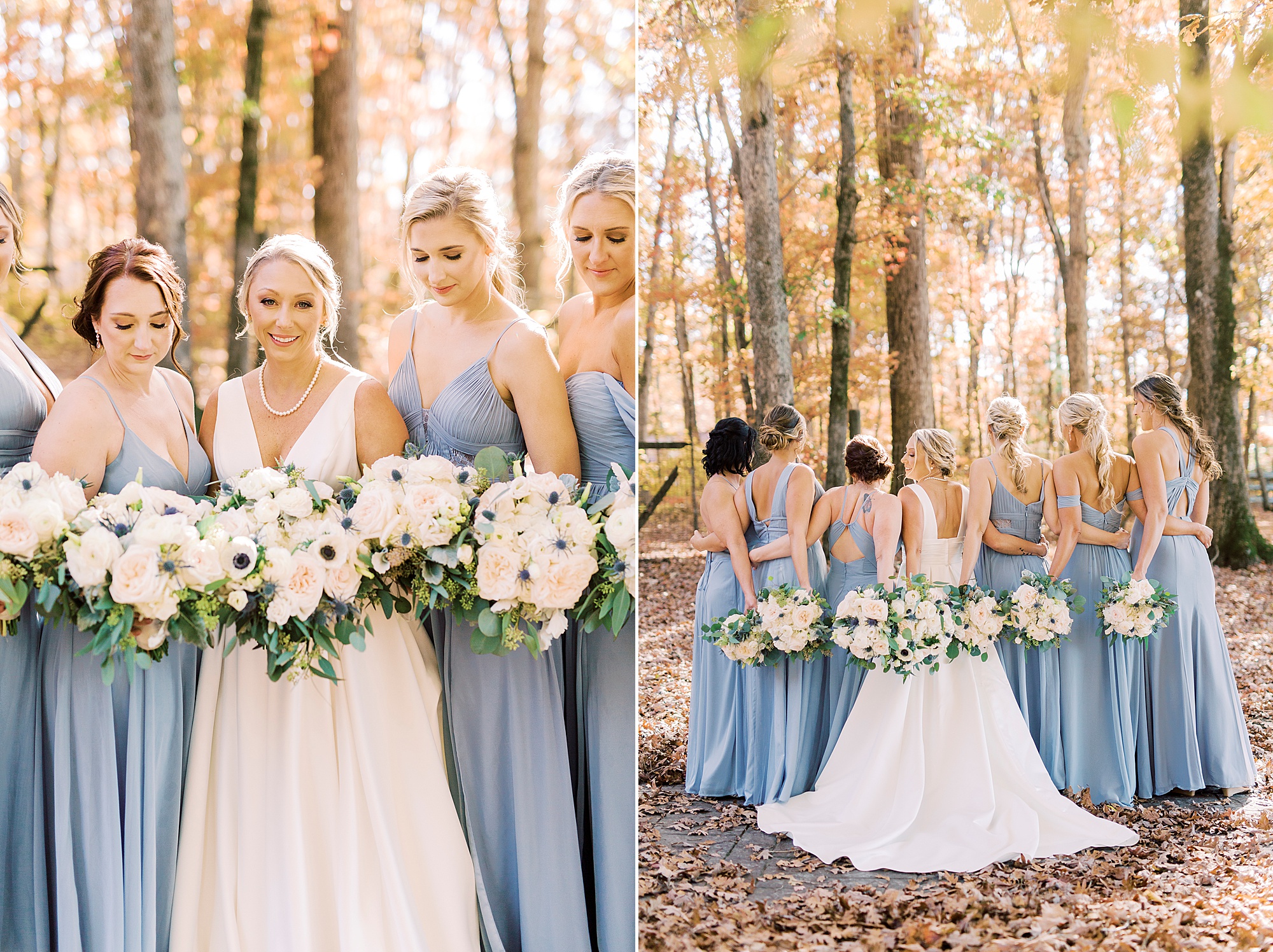 bride poses with bridesmaids in pastel blue gowns for fall wedding at the Farm at Brusharbor