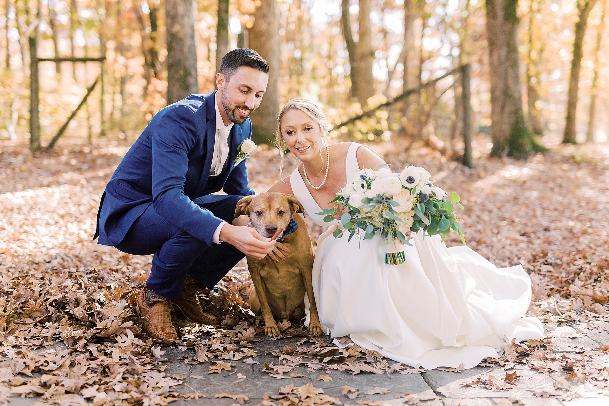 newlyweds pose with dog during portraits at the Farm at Brusharbor