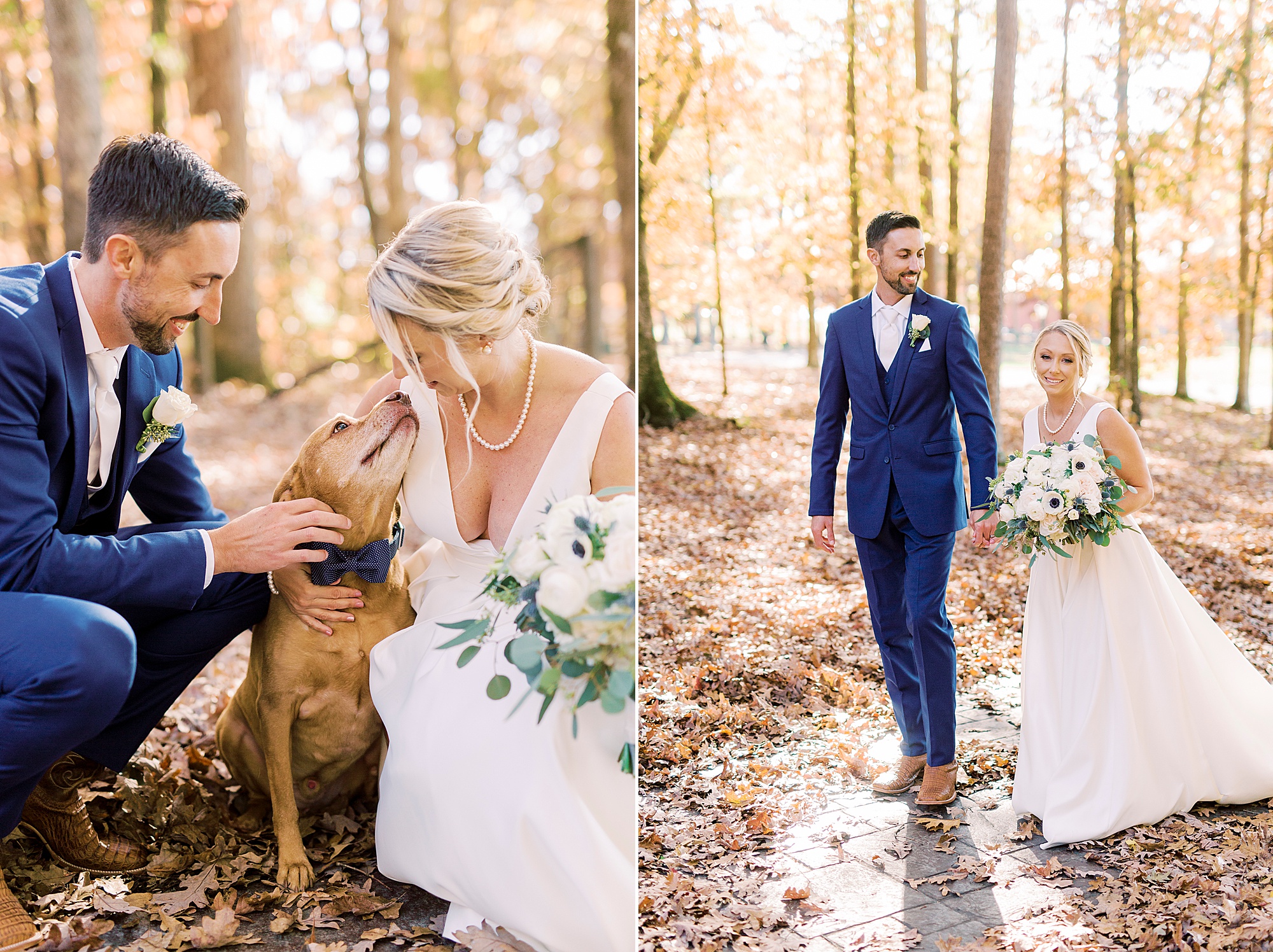 newlyweds kiss dog in woods at the Farm at Brusharbor