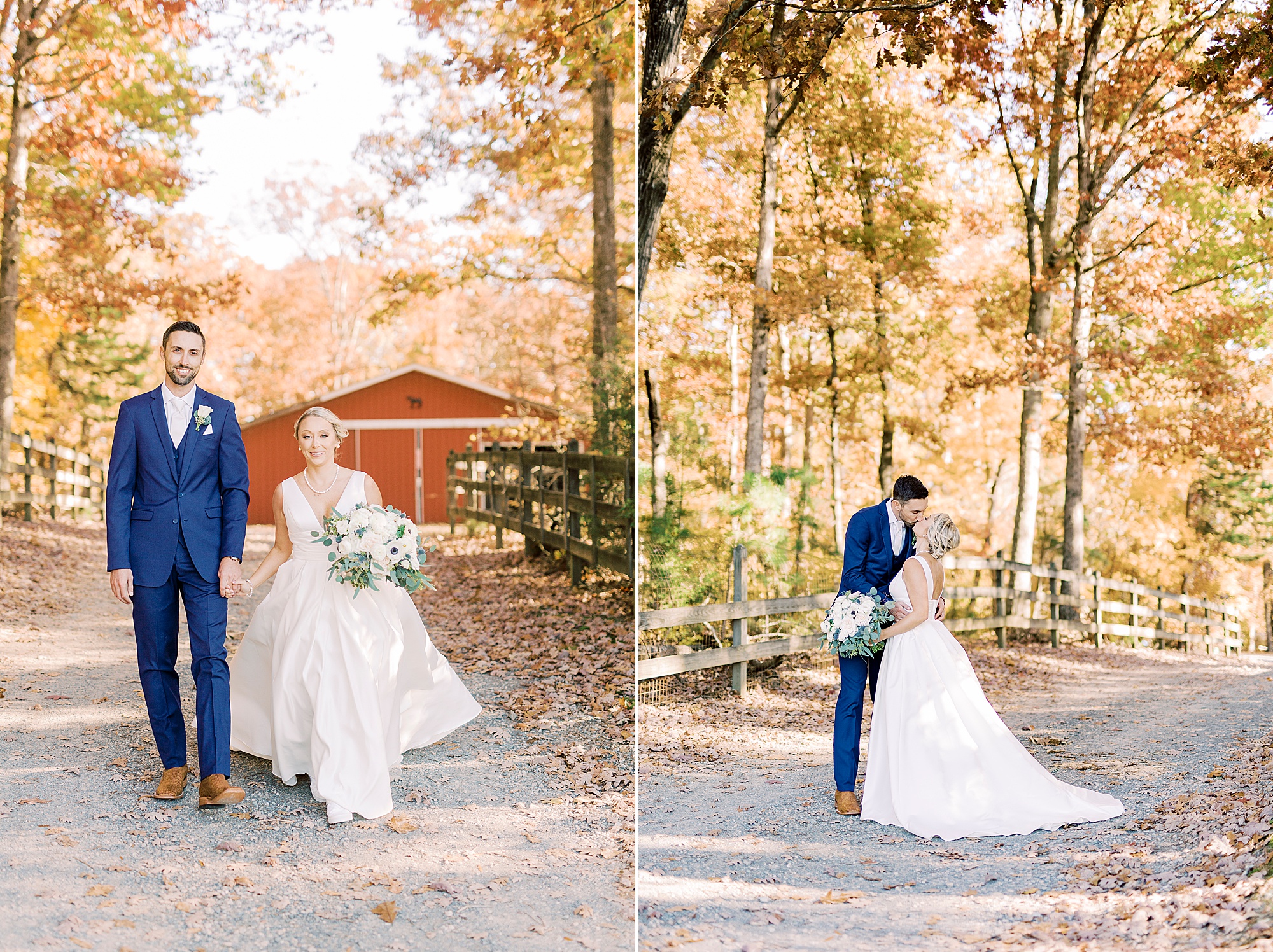 bride and groom pose near red barn at the Farm at Brusharbor