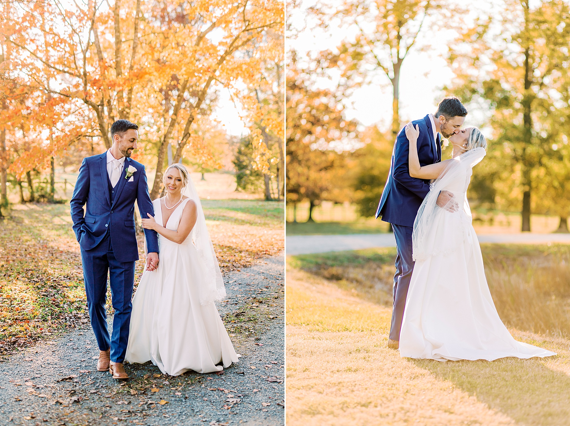 bride and groom hold hands on farm