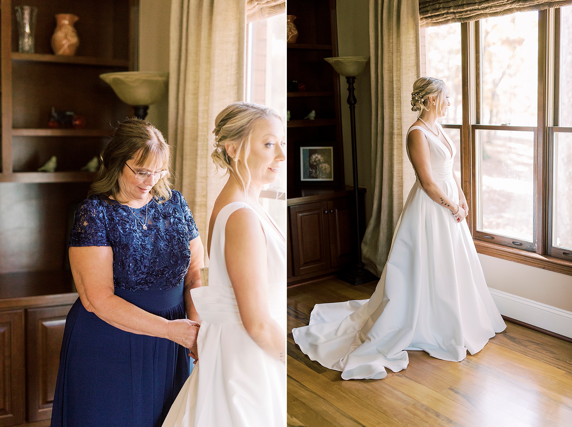 mother of the bride helps bride prepare for fall Farm at Brusharbor wedding