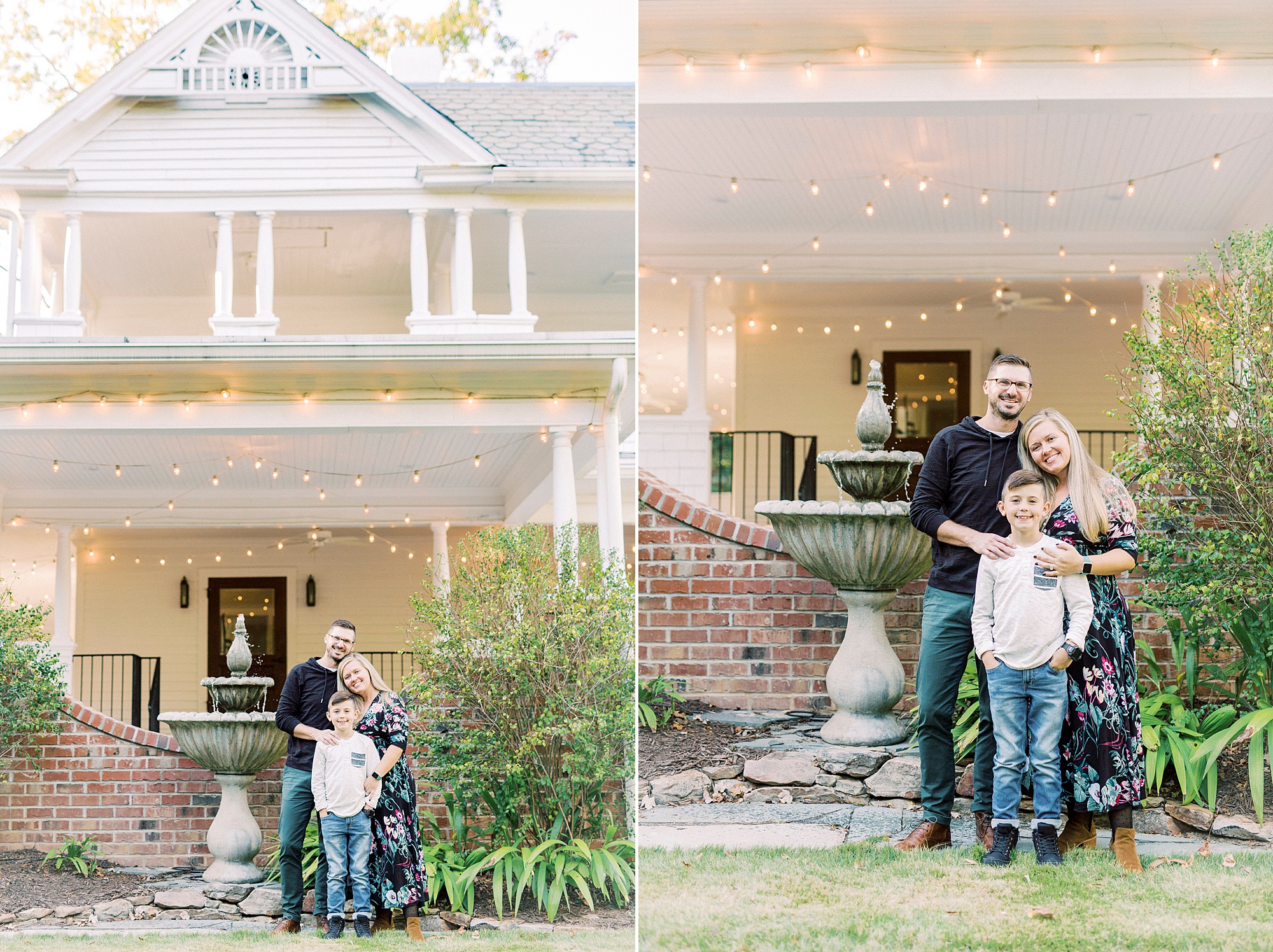 family of three hugs outside Ritchie Hill during family photos