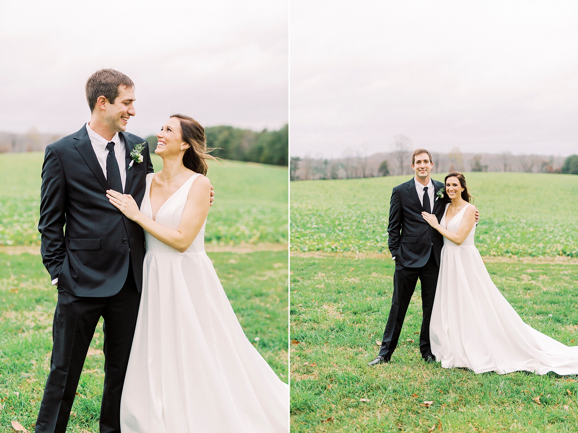 couple hugs on family farm in Bedford VA on wedding morning
