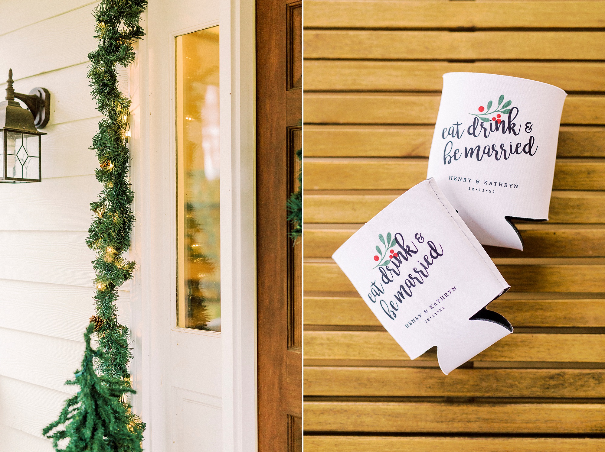 decor and koozies for romantic winter wedding in Bedford VA