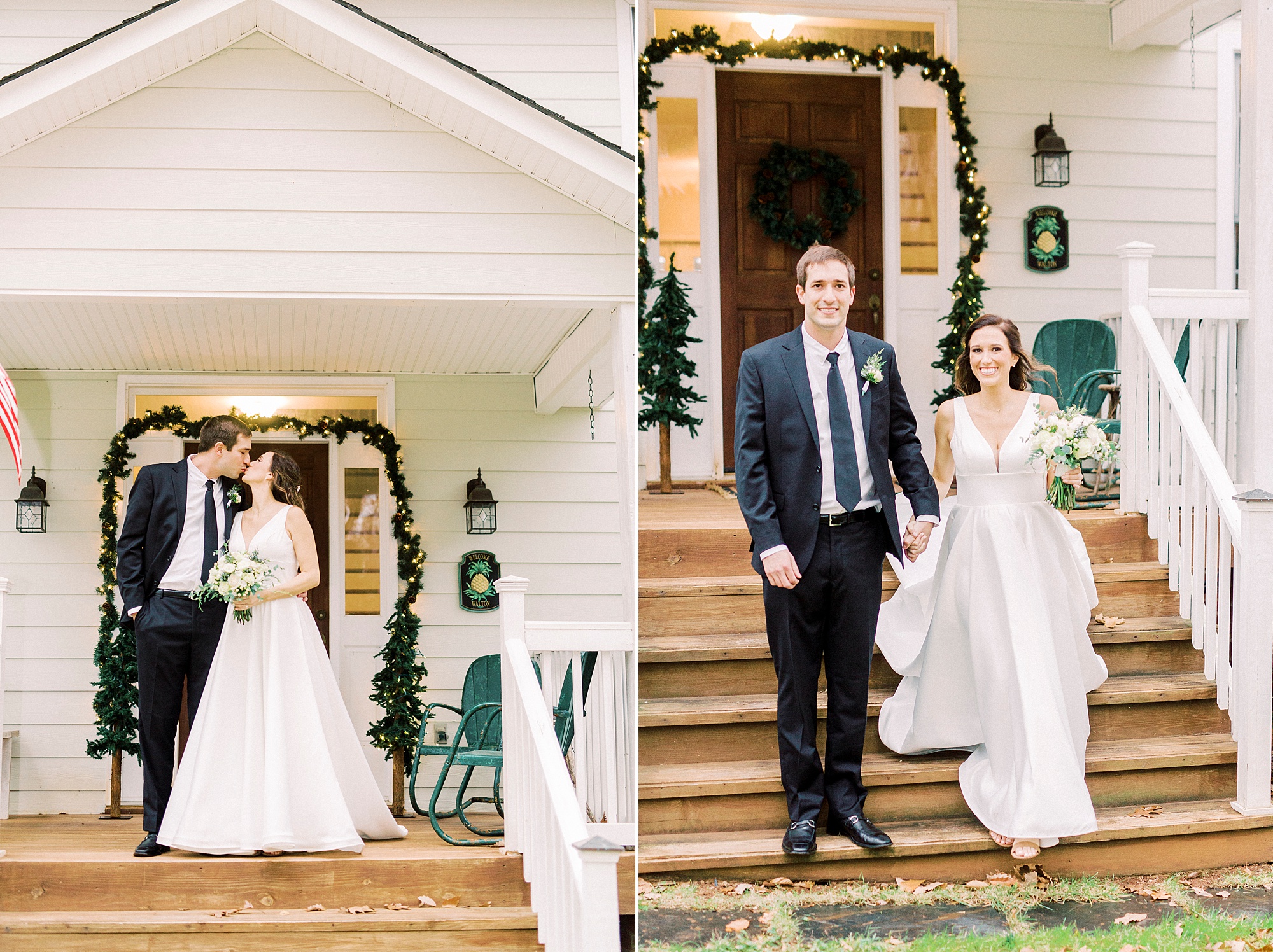 newlyweds walk down steps of Bedford VA home
