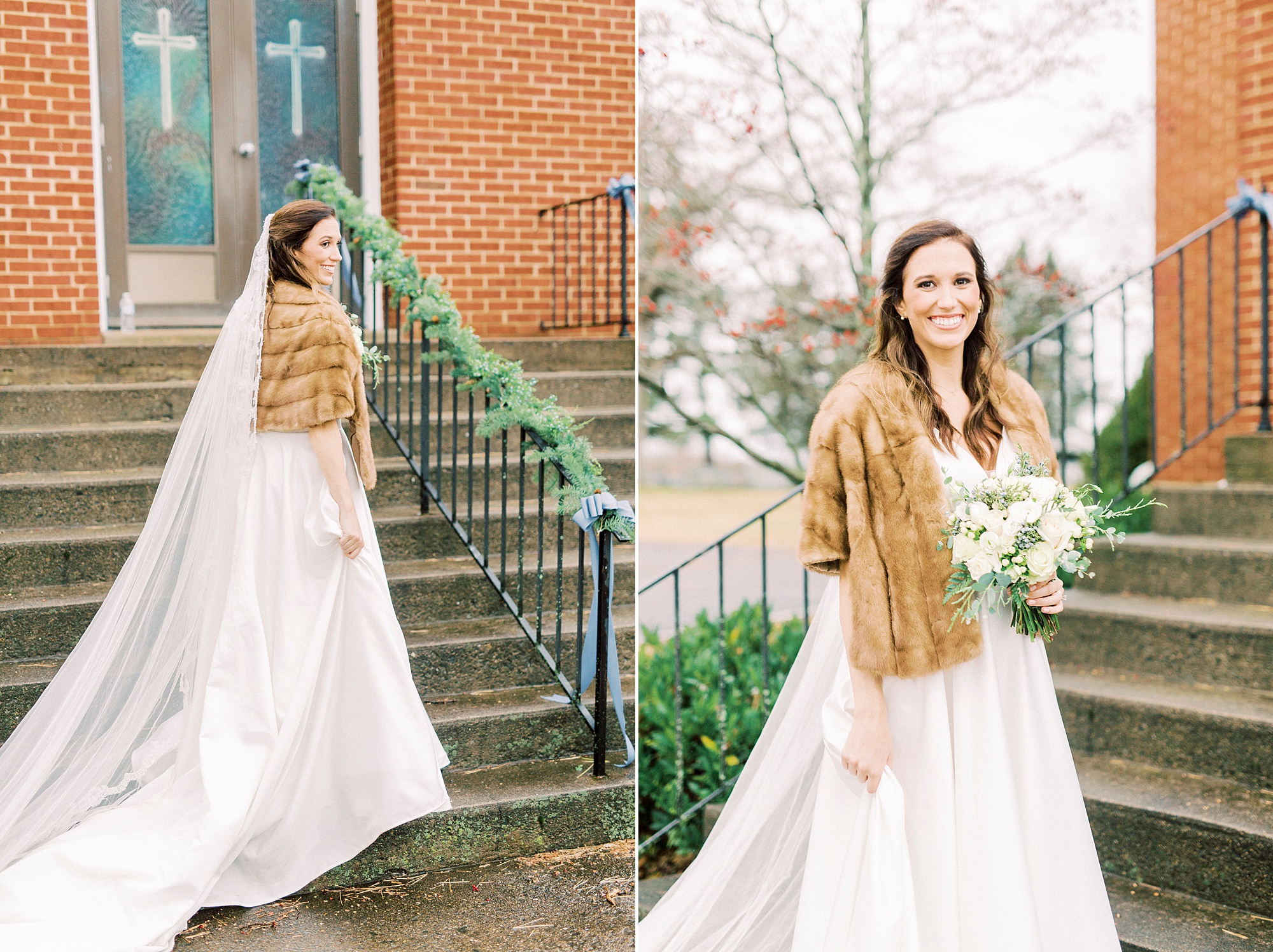 bride stands on steps of Bethesda United Methodist Church