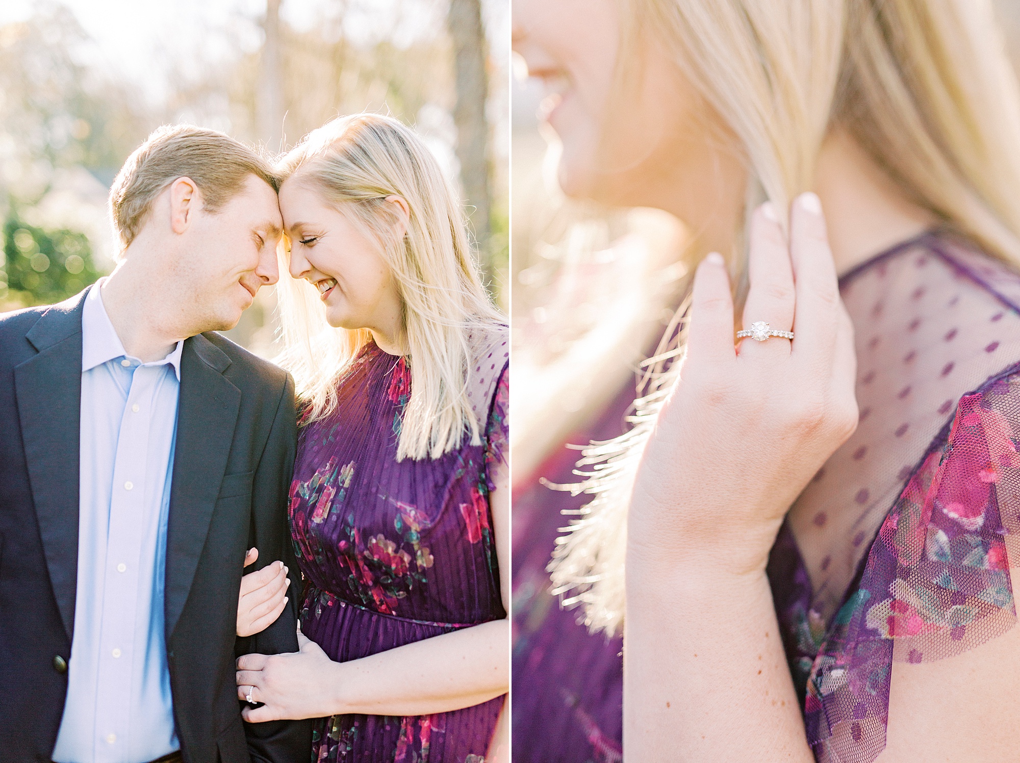 bride shows off engagement ring in purple dress during NC engagement session