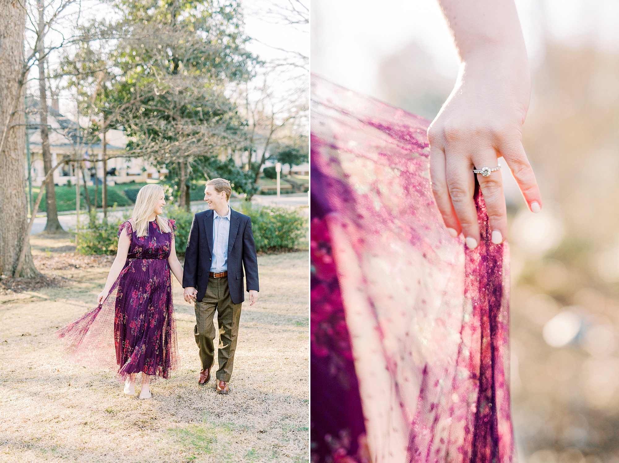 engaged couple walks down path at Ritchie Hill
