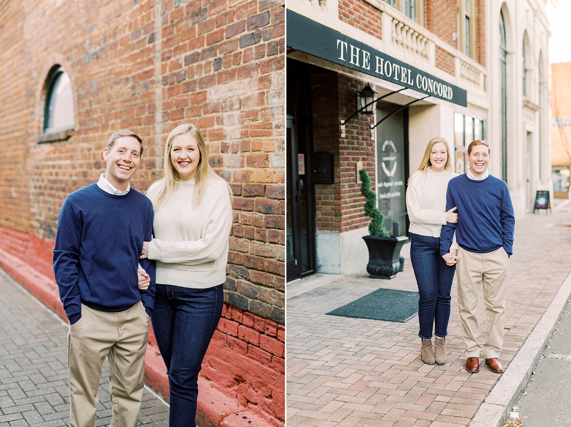 couple stands on sidewalk in Downtown Concord