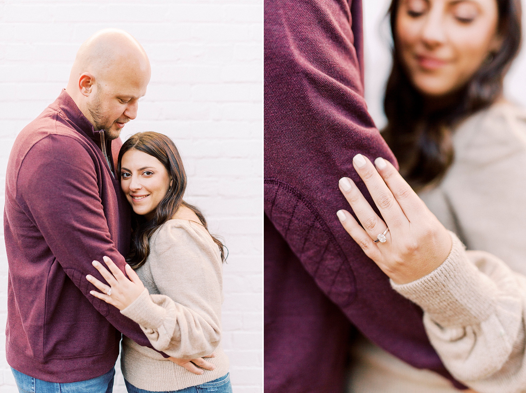 bride holds groom's arm during fall Downtown Matthews engagement portraits
