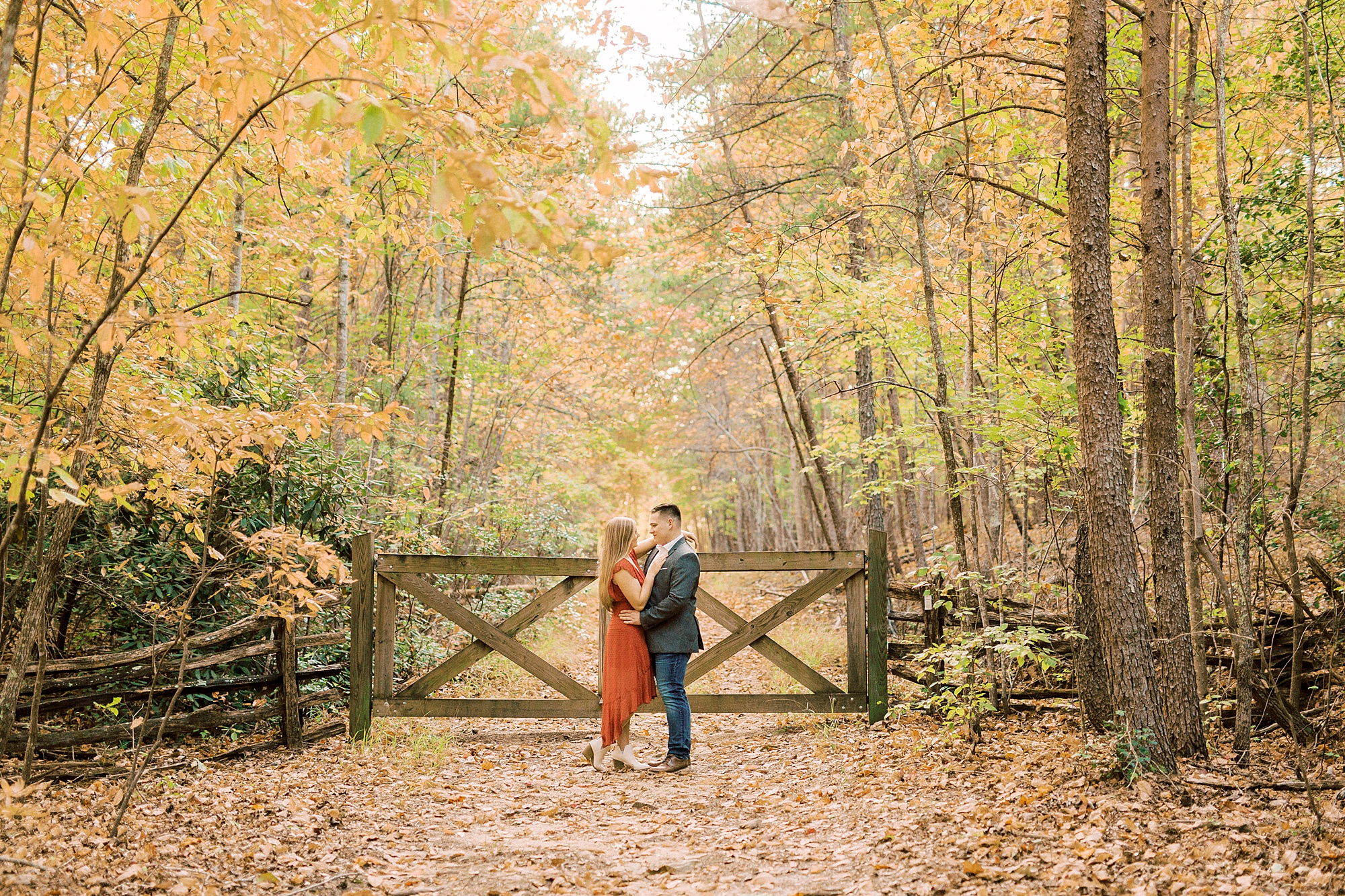 engaged couple poses by wooden fence in Hanging Rock State Park