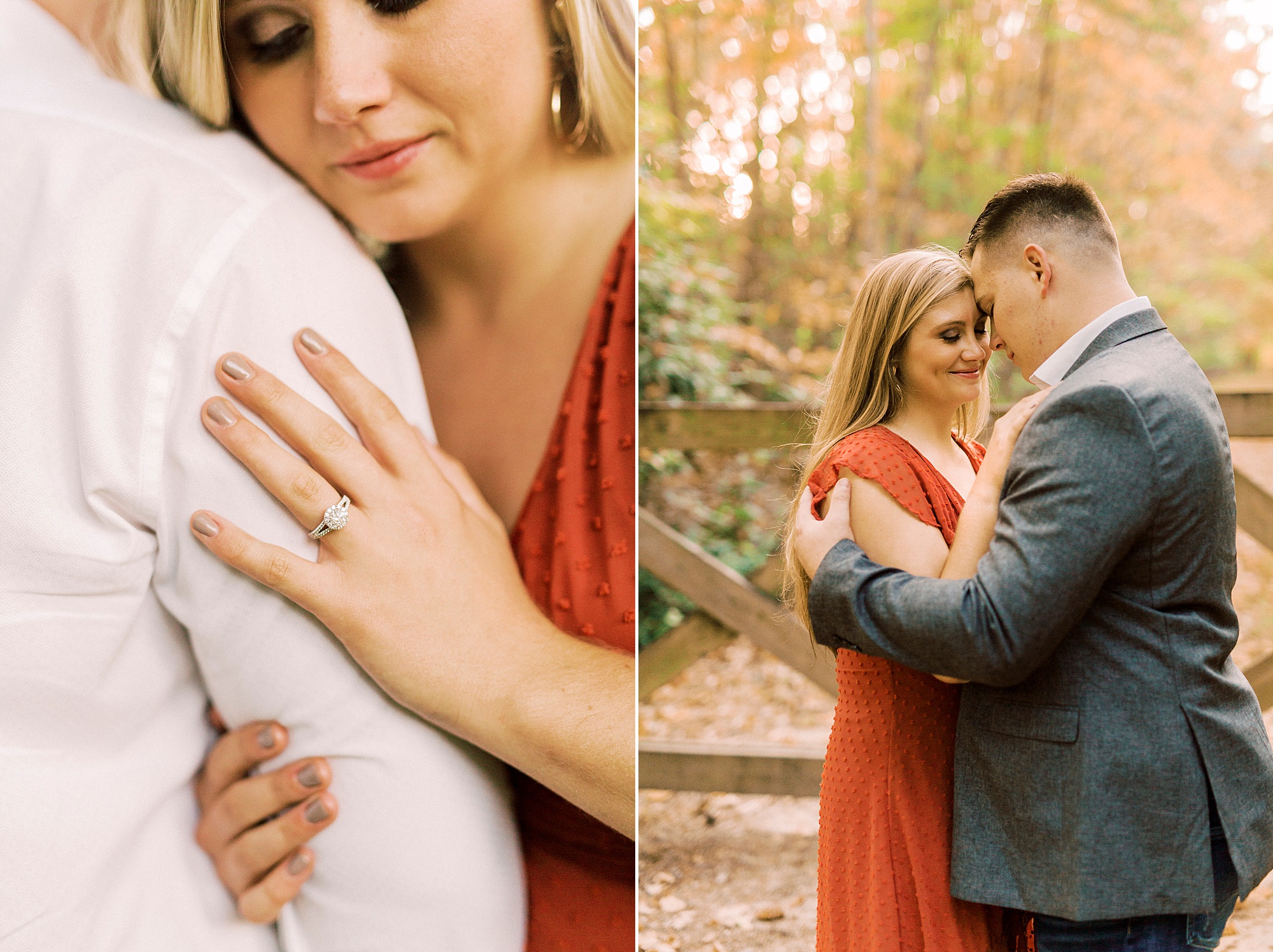 bride leans against groom's arm by wooden fence