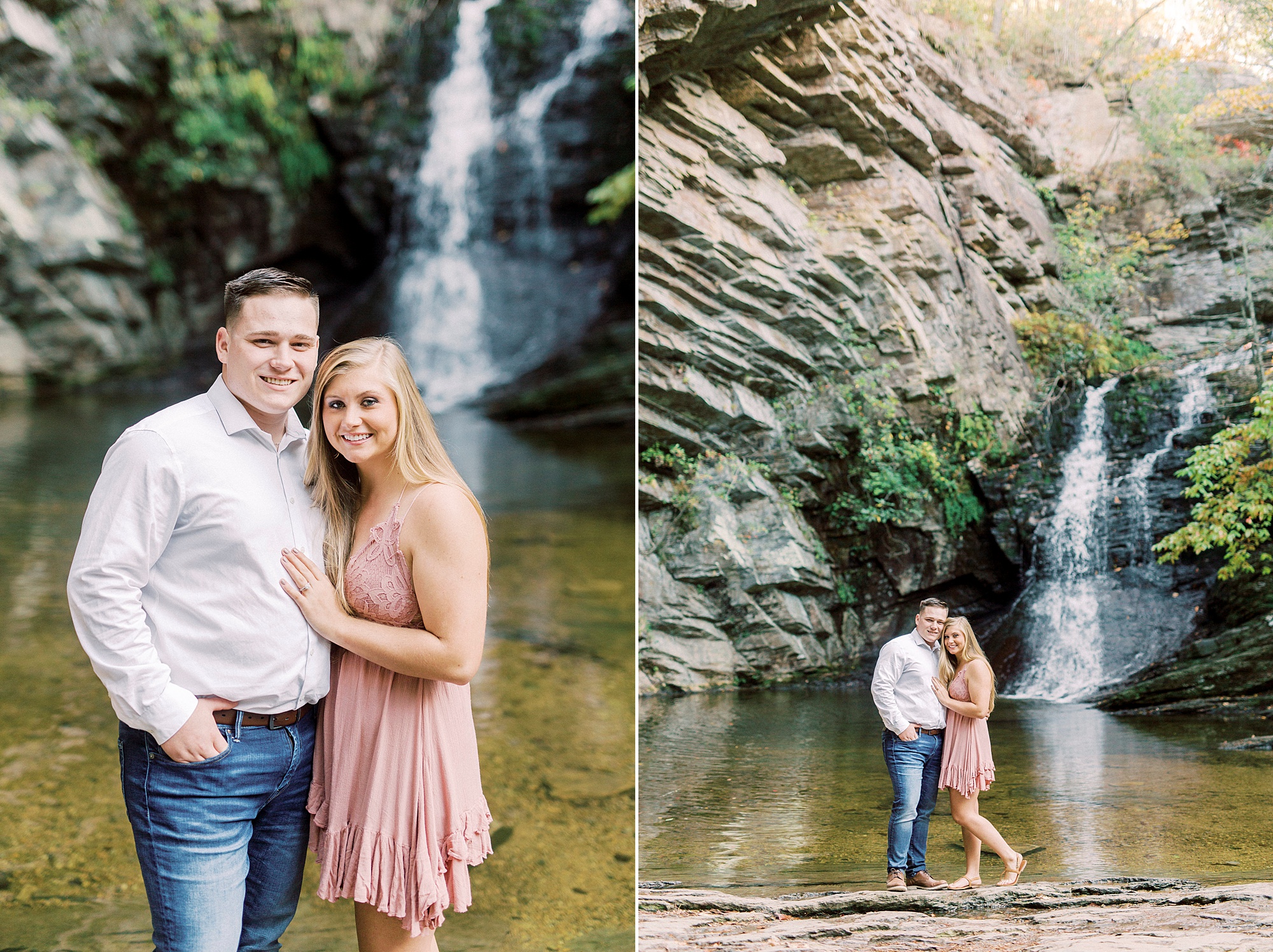 engage couple hugs in waterfall Hanging Rock State Park