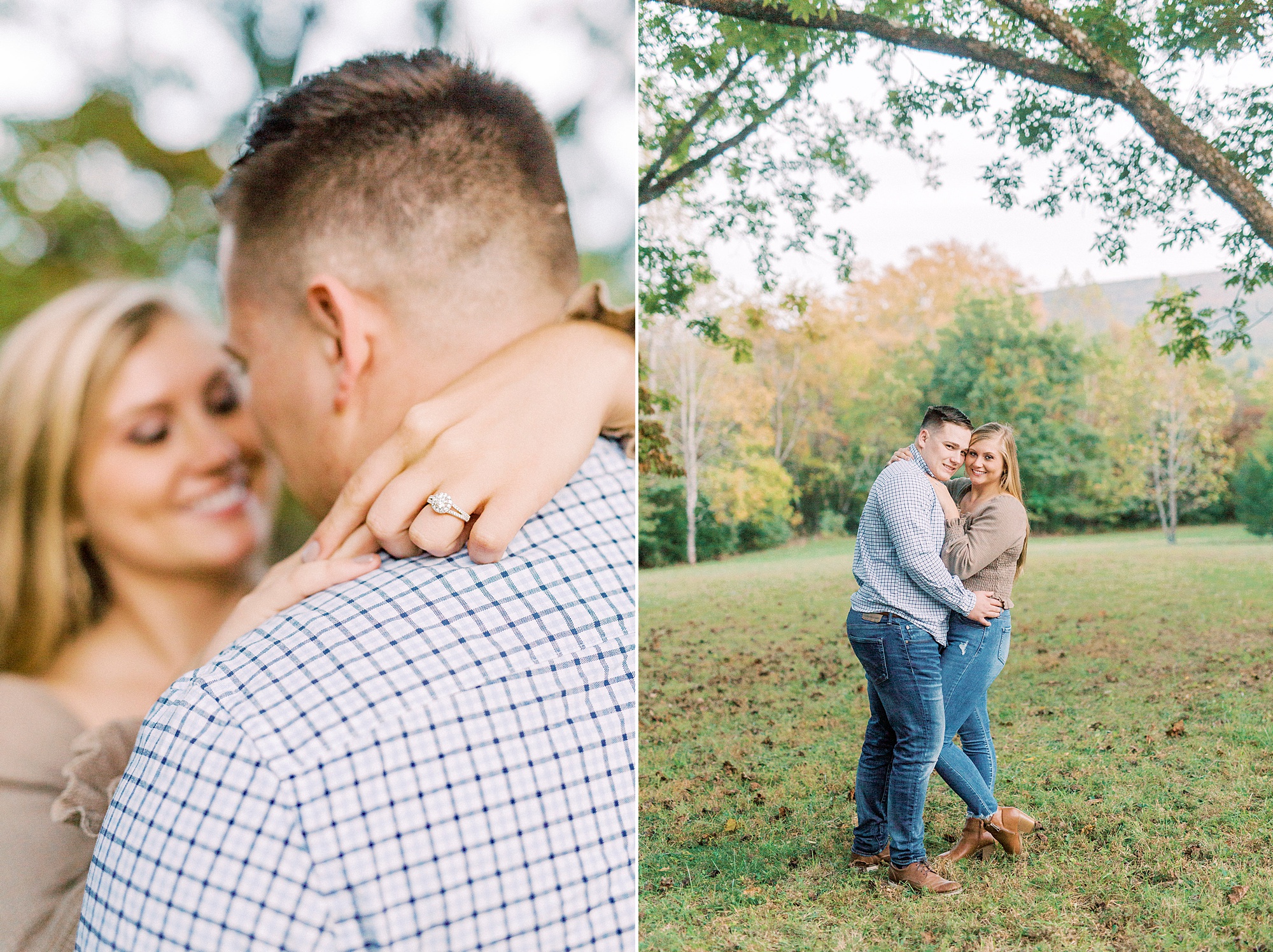 bride hugs groom showing off engagement ring behind his neck