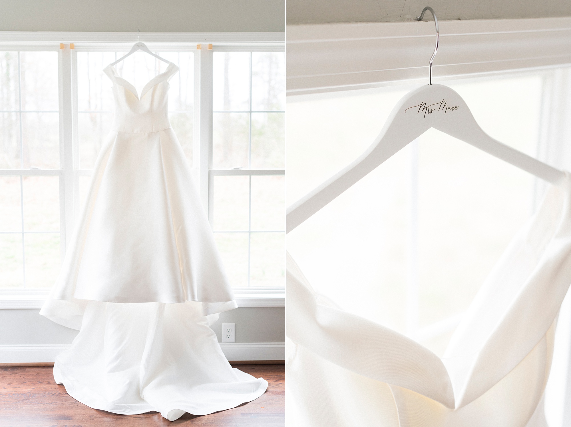 bride's wedding dress hangs on custom hanger before classic winter wedding