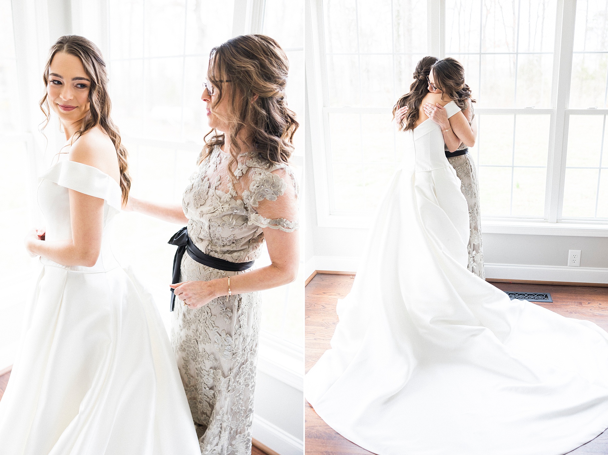 bride and mom smile during wedding prep