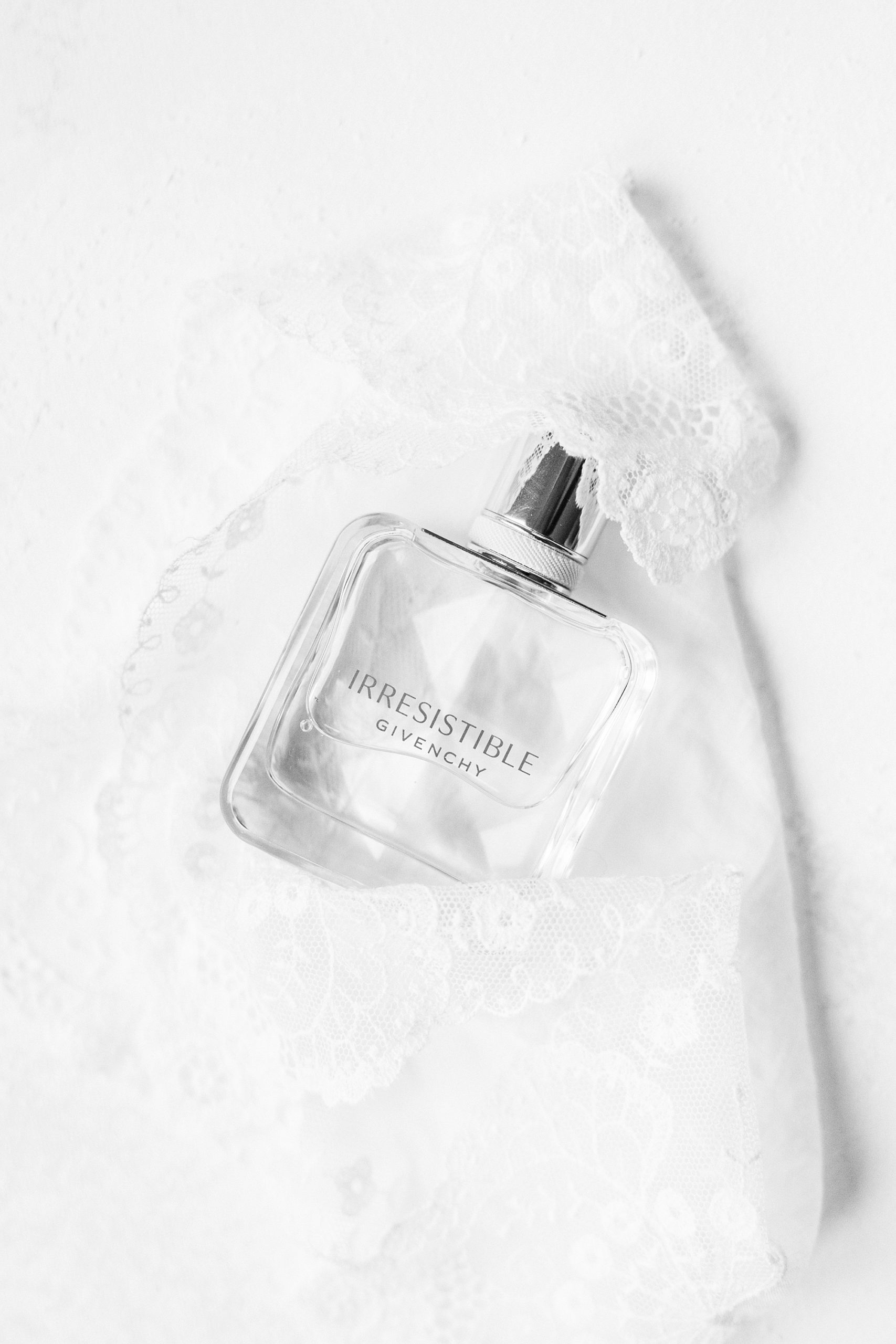 bride's perfume for NC wedding day lays in lace