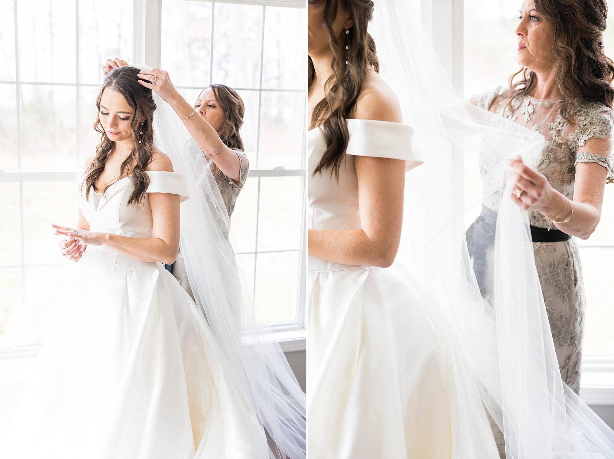 mother helps bride with veil before NC wedding