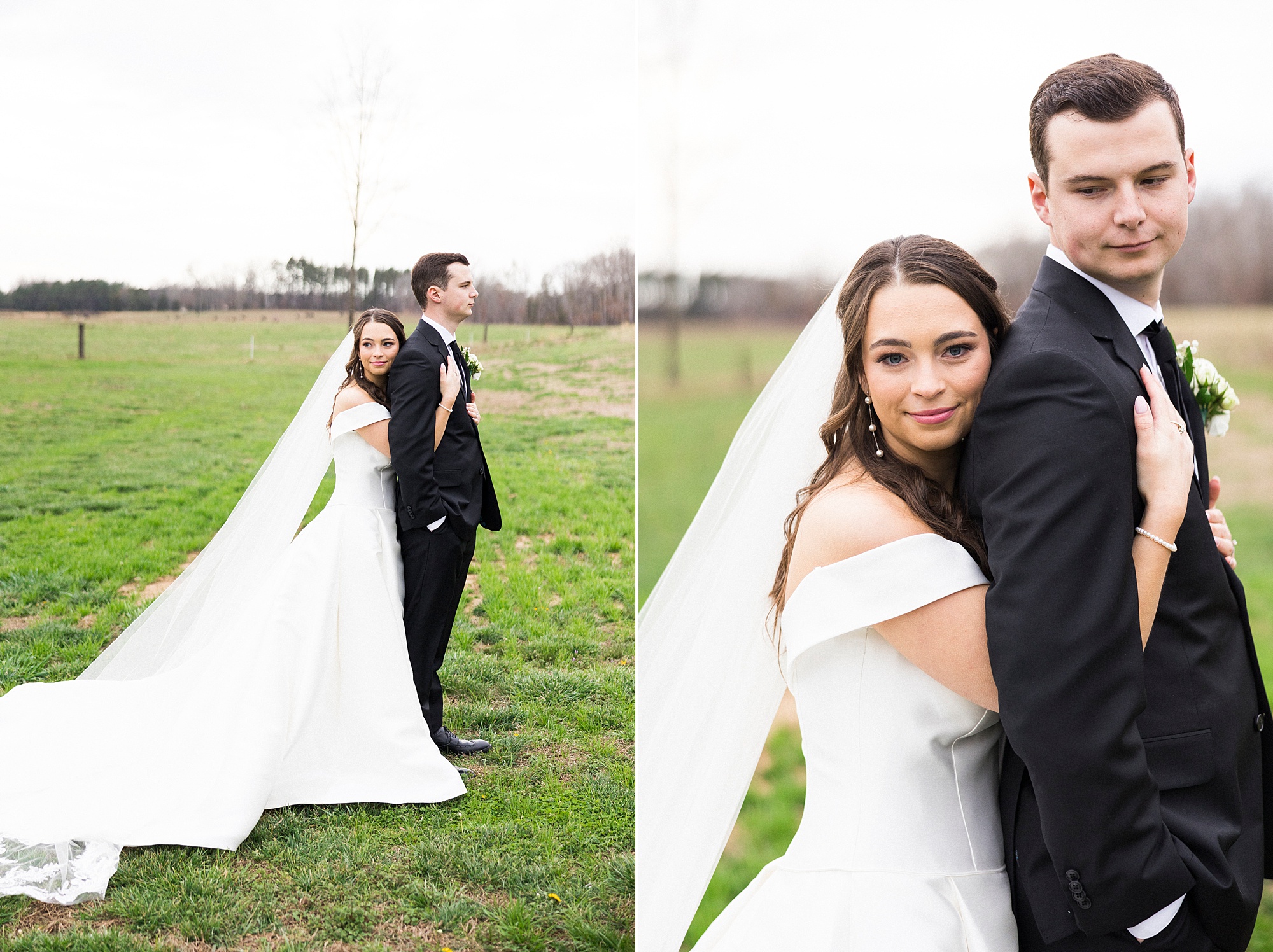 bride hugs groom from behind during winter wedding photos