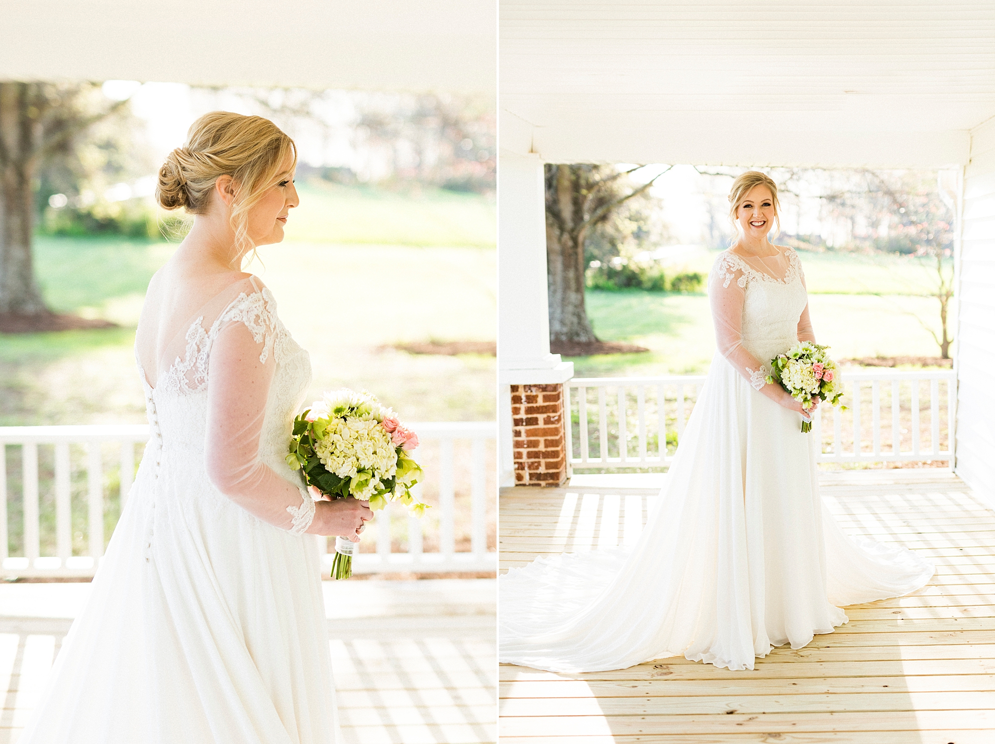 Mooresville bridal portraits on patio of farmhouse