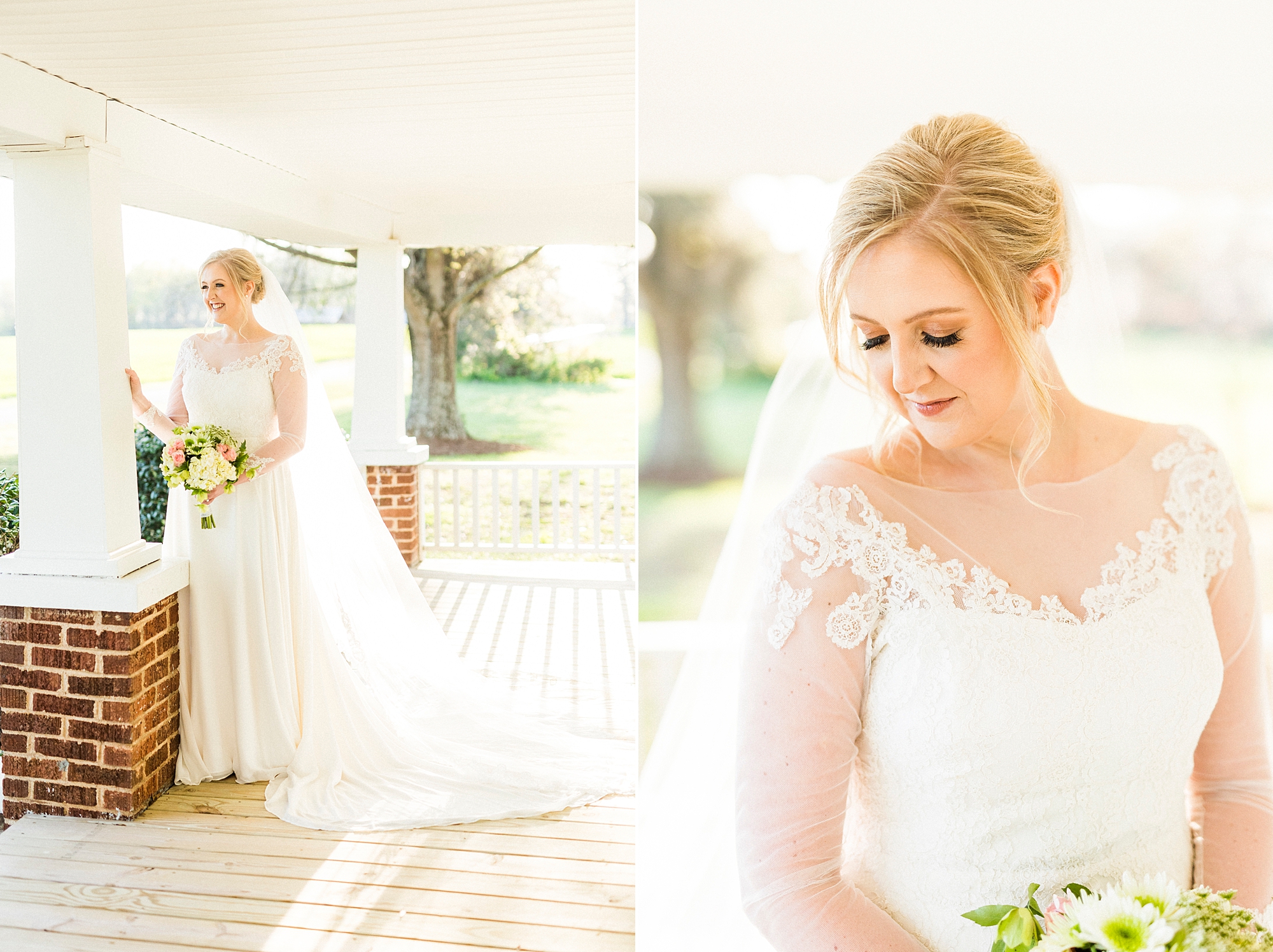 bride holds bouquet on front porch of farmhouse
