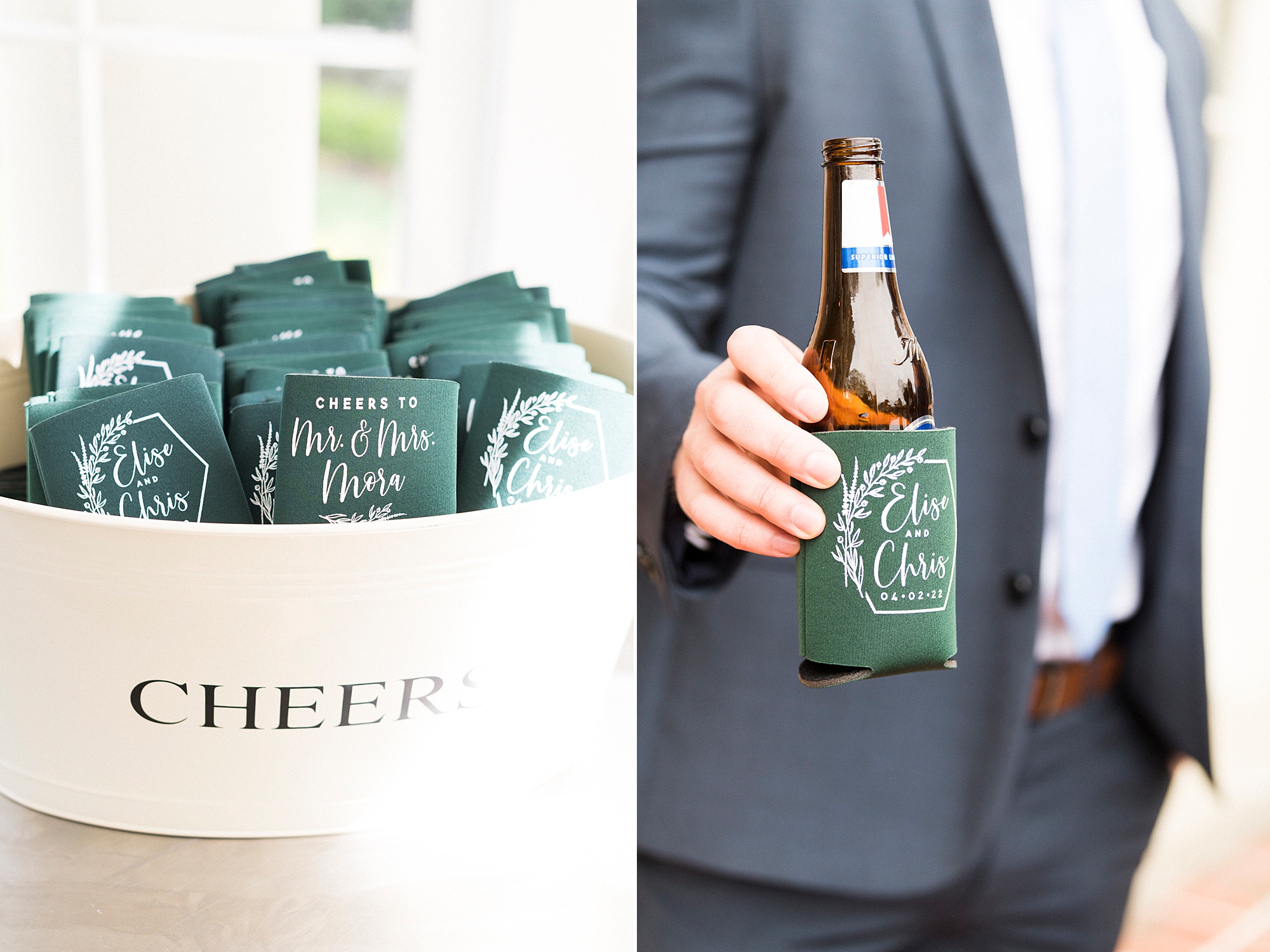 groom holds beer in custom koozies at Separk Mansion