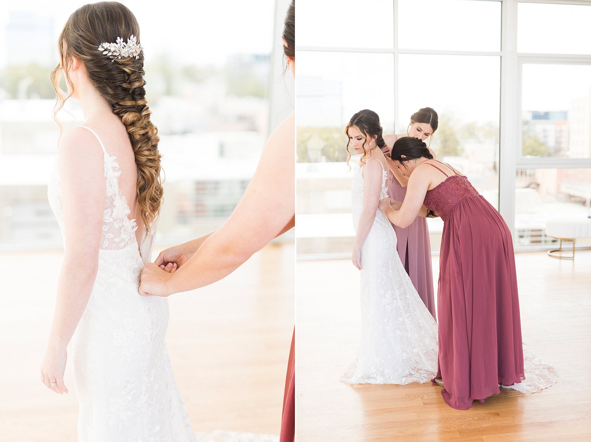 bridesmaids help bride button up wedding gown before Stockroom at 230 wedding