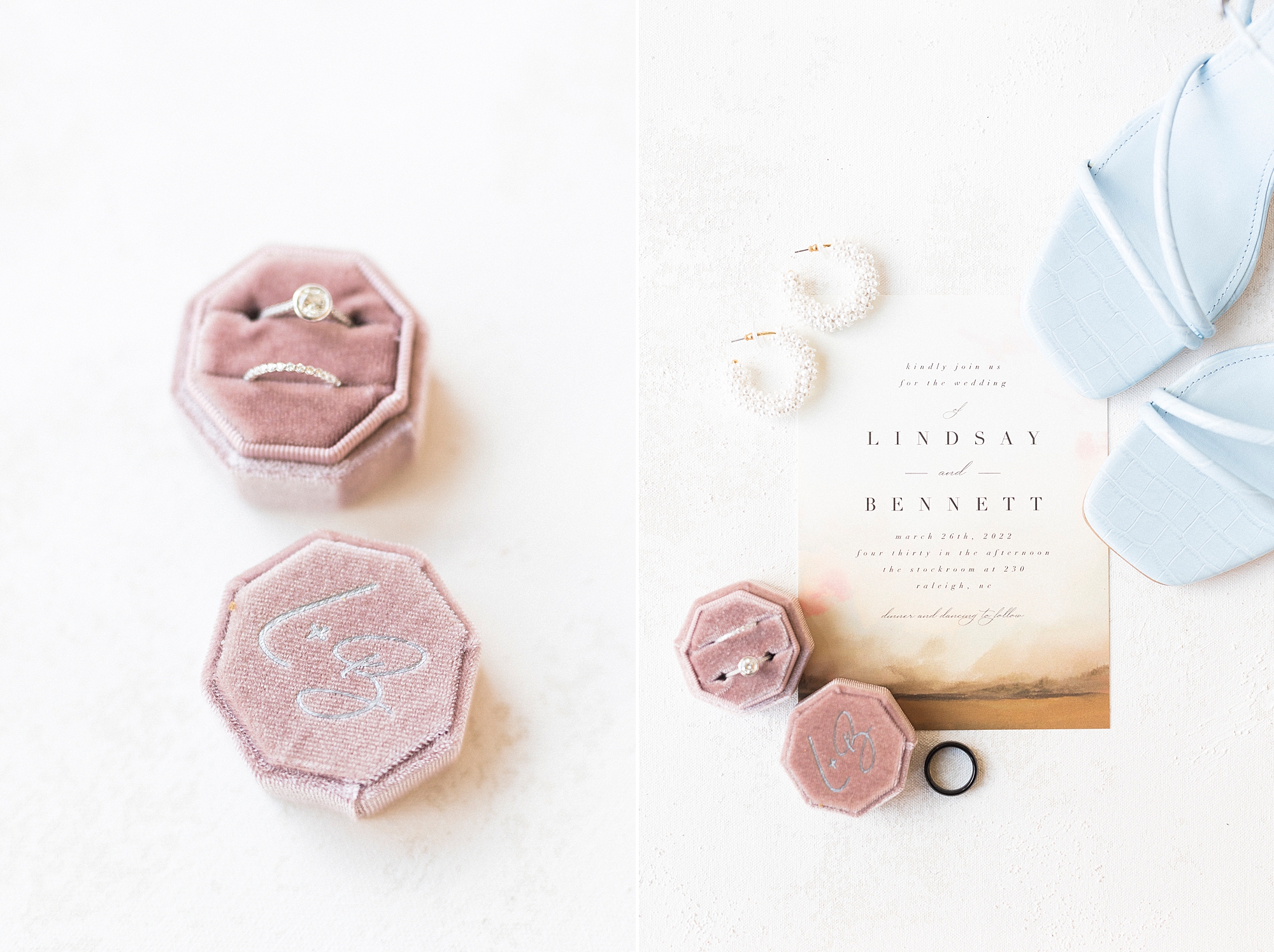 invitation suite and rings in pink box for spring wedding