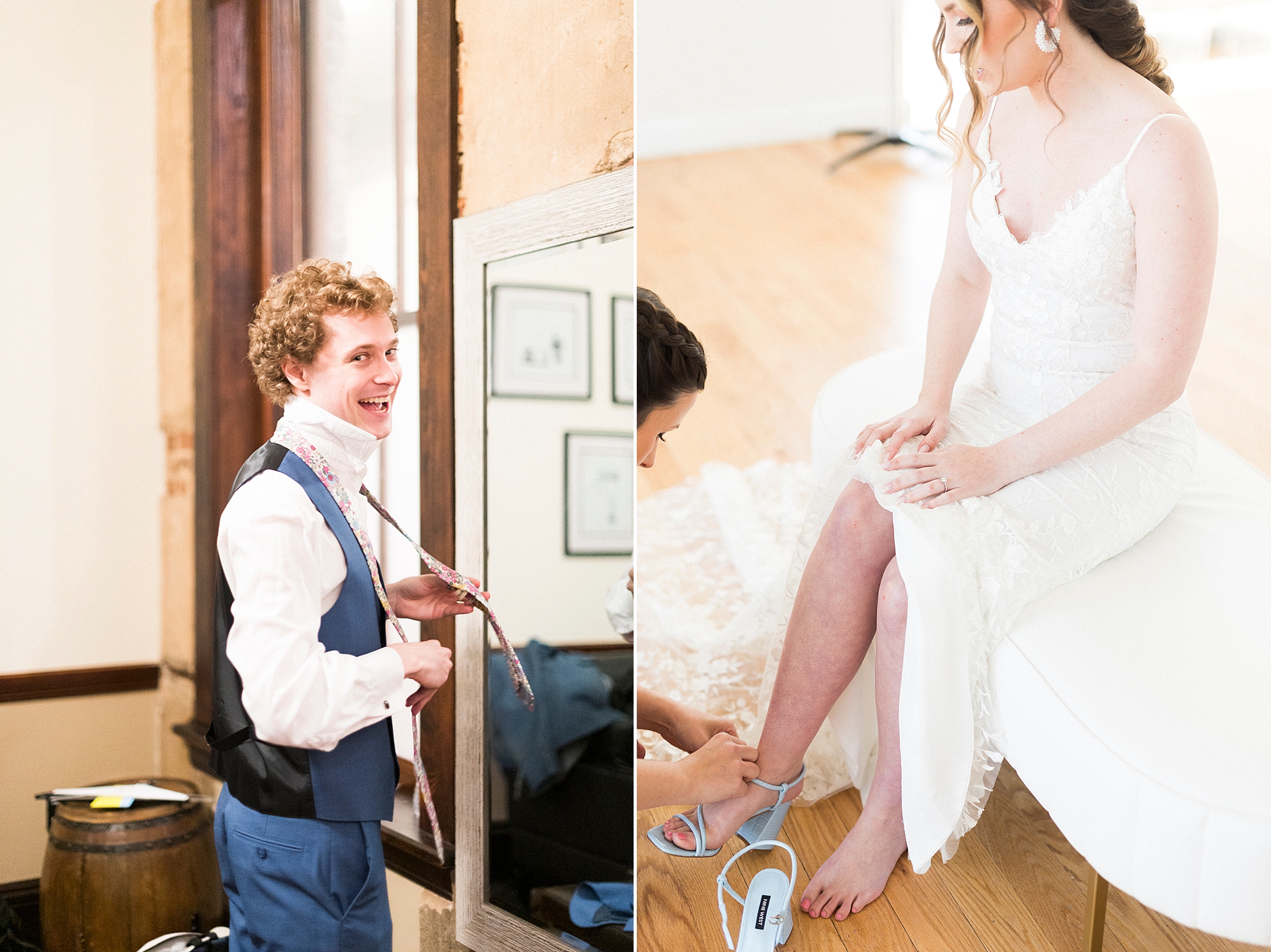 bride and groom prepare for Stockroom at 230 wedding day