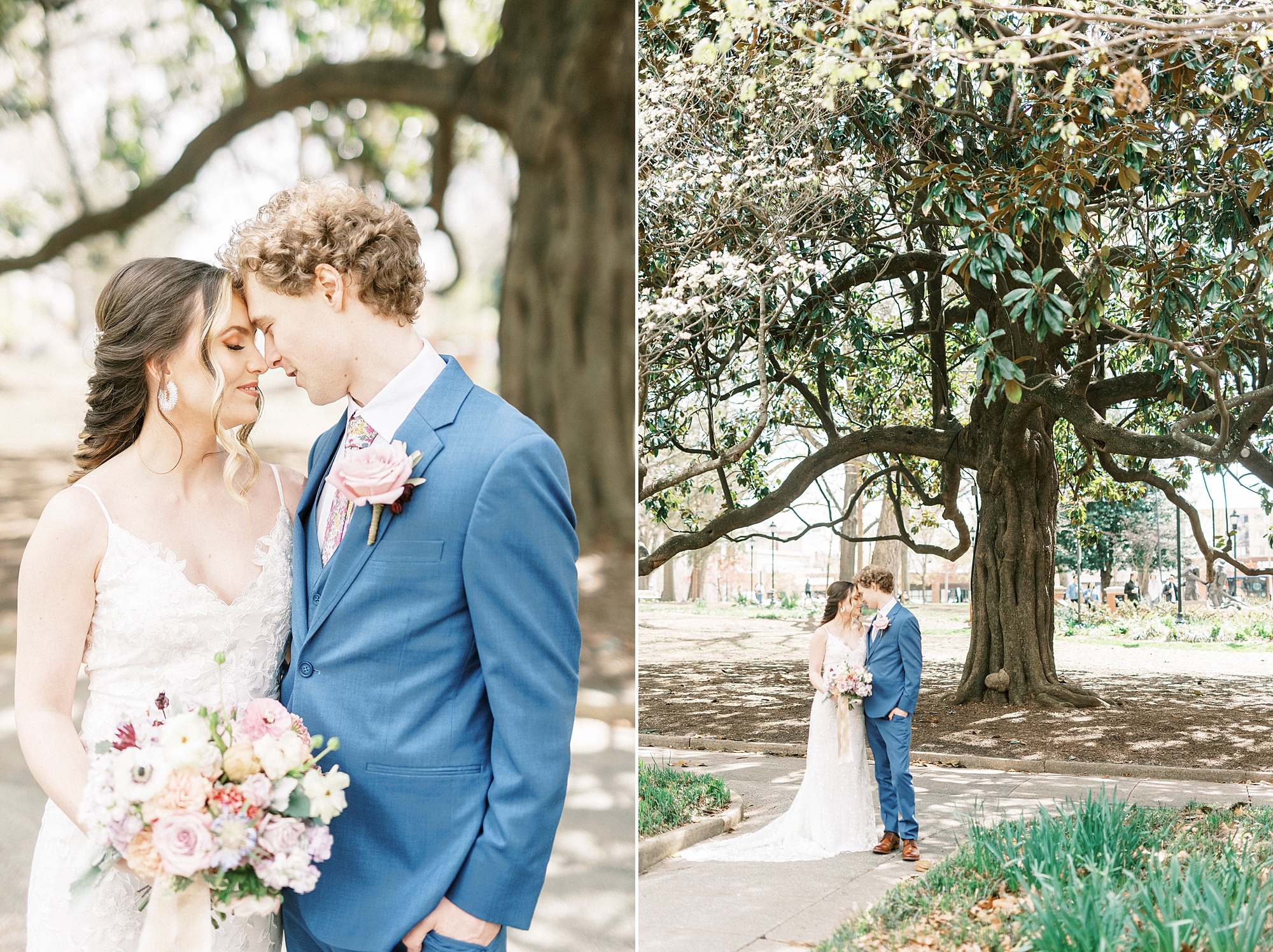 newlyweds stand under tree in Raleigh NC