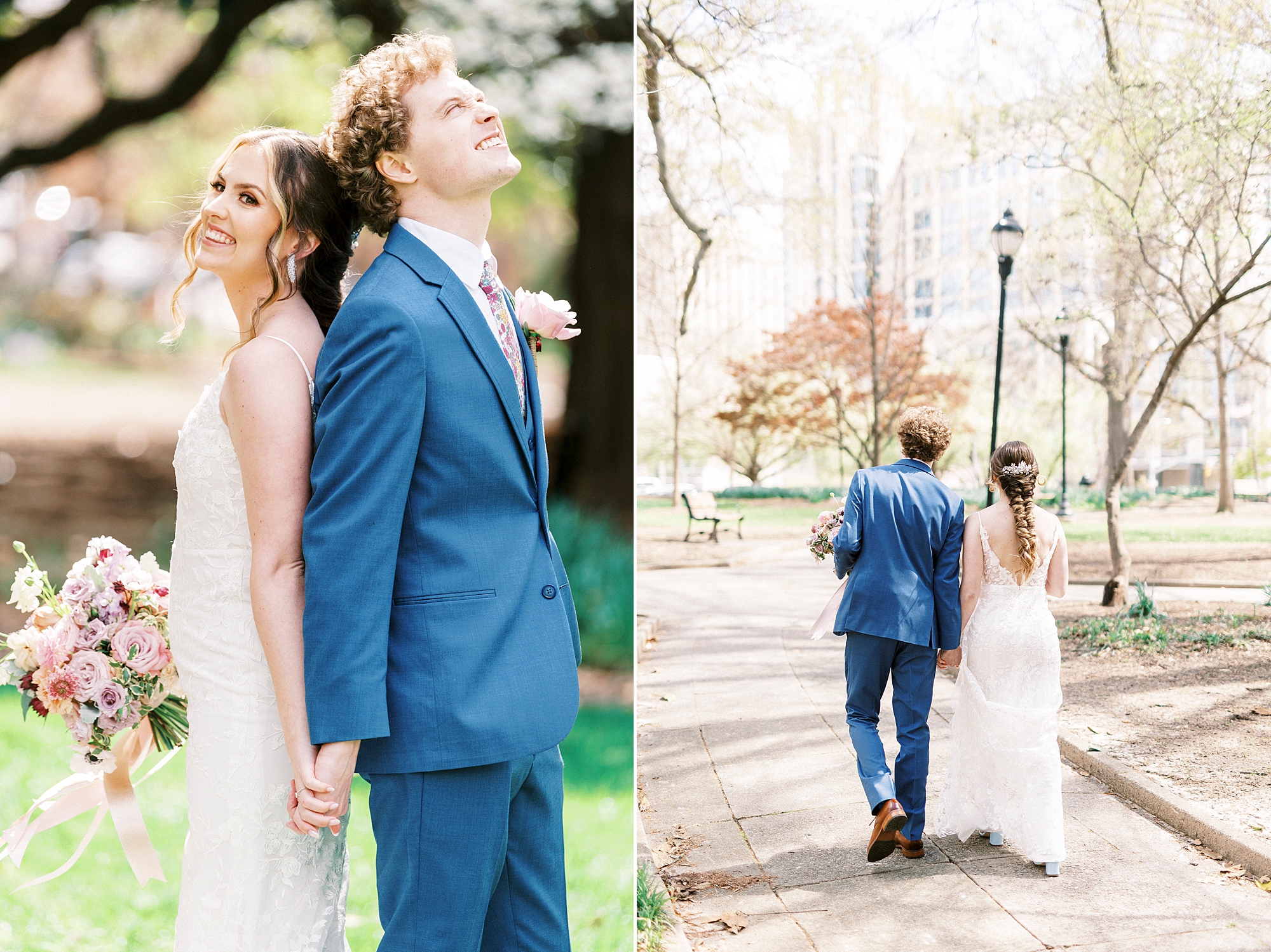bride and groom hold hands walking through courtyard outside the Stockroom at 230