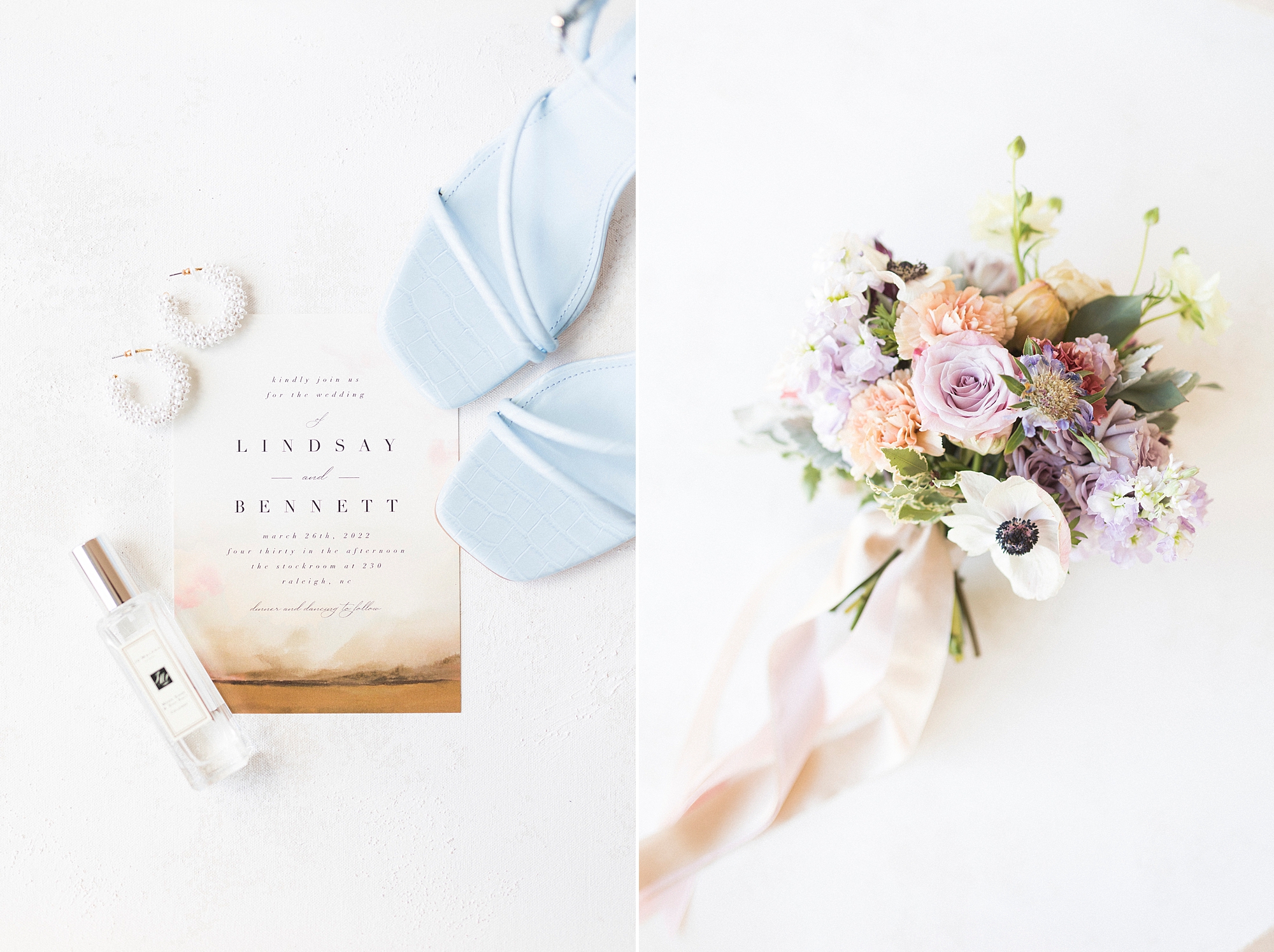 bride's blue shoes and bouquet for spring Stockroom at 230 wedding