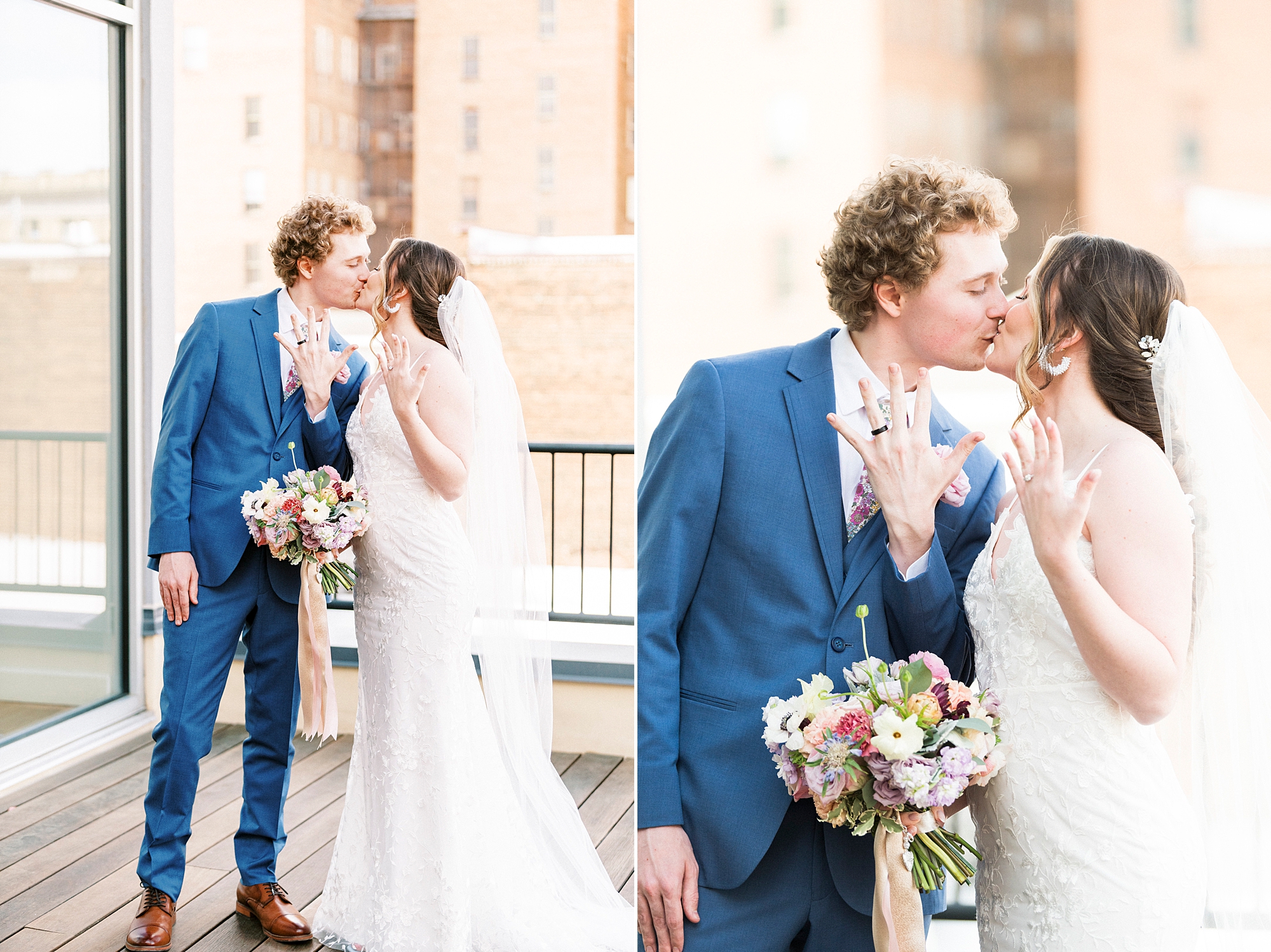 newlyweds stand on patio at Stockroom at 230